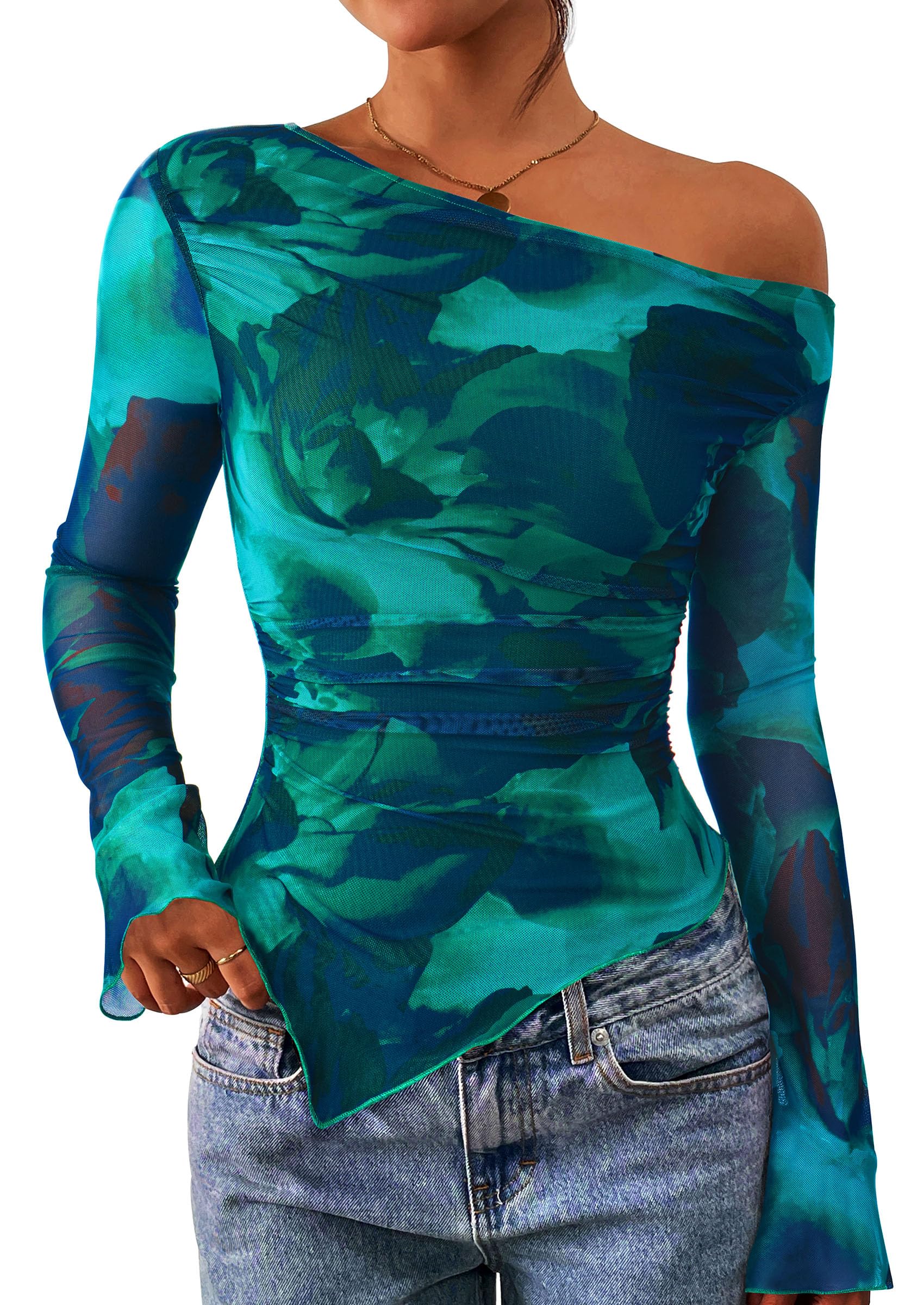 Womens Off Shoulder Mesh Y2k Tops,Floral Lake Blue,XS