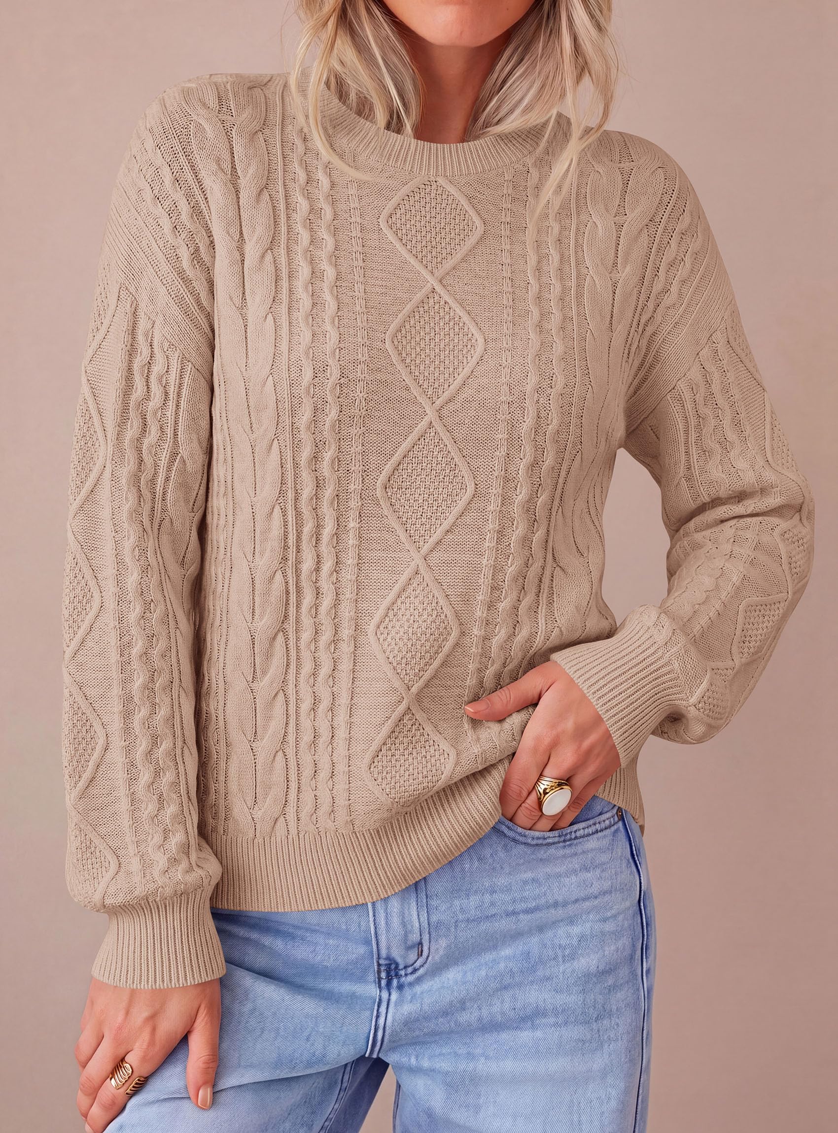 Women's Crewneck Cable Knit Sweater Pullover Tops Khaki