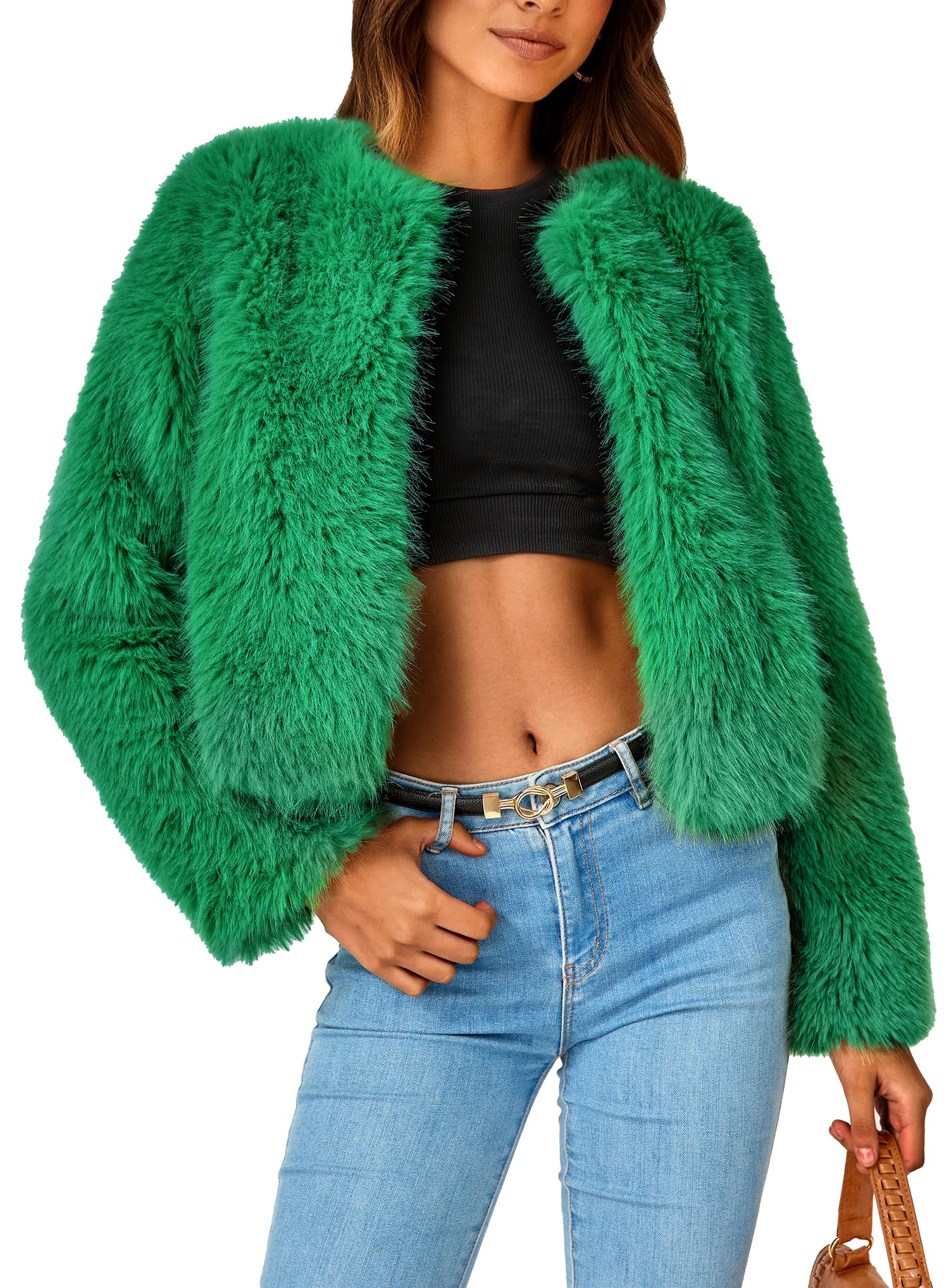 Women's Winter Cropped Faux Fur Coats(Green,Small)