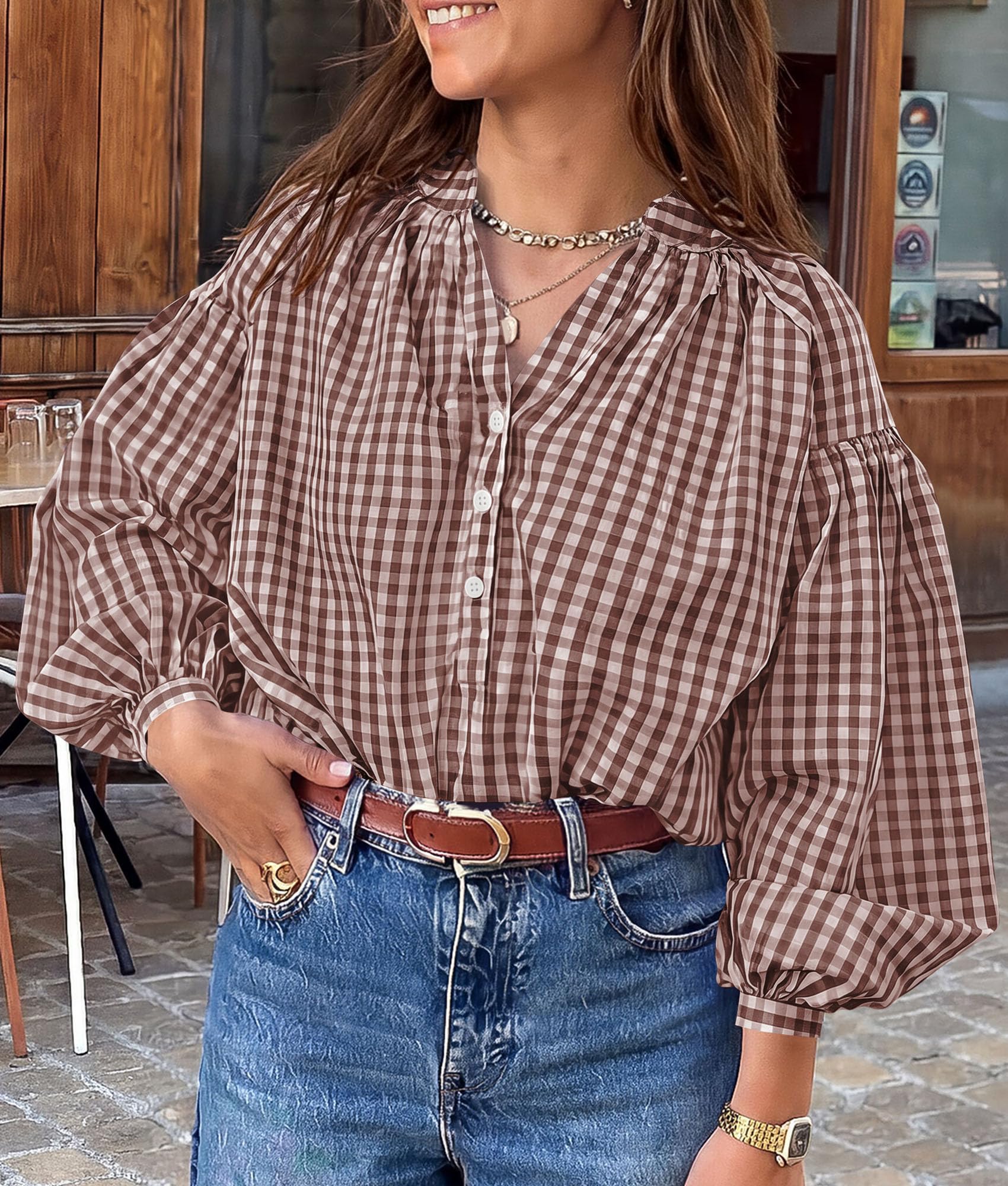 Women Fall Plaid Long Puff Sleeve Shirts V Neck Casual Blouses