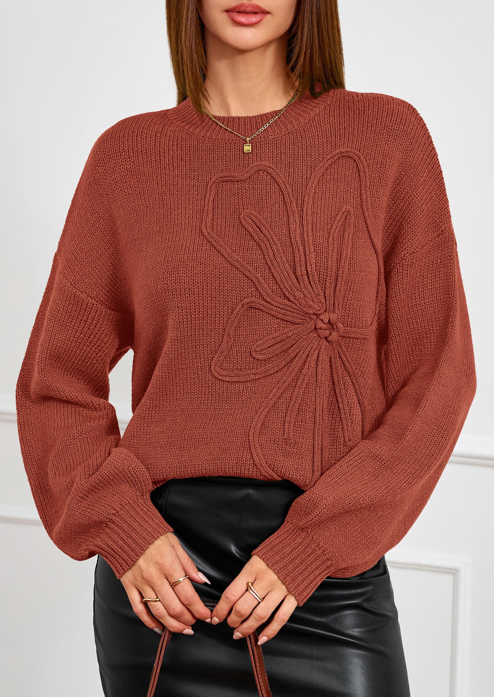 Women's Oversized 3D Floral Knit Sweater,Red Brown,M