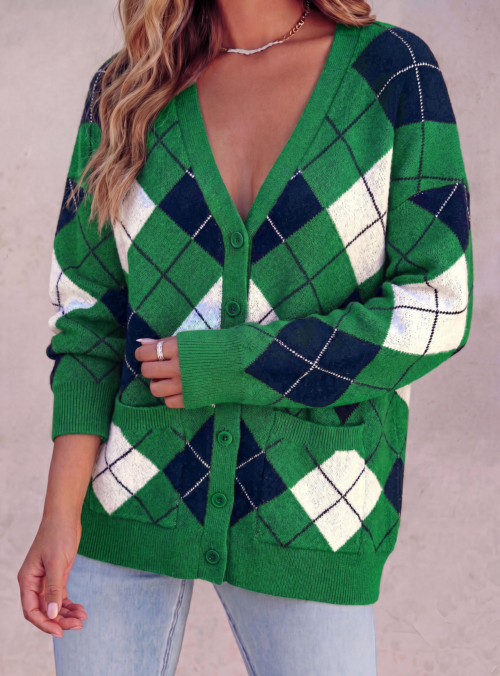 Women's Cardigan Argyle Winter Sweaters (Plaid Green,S)