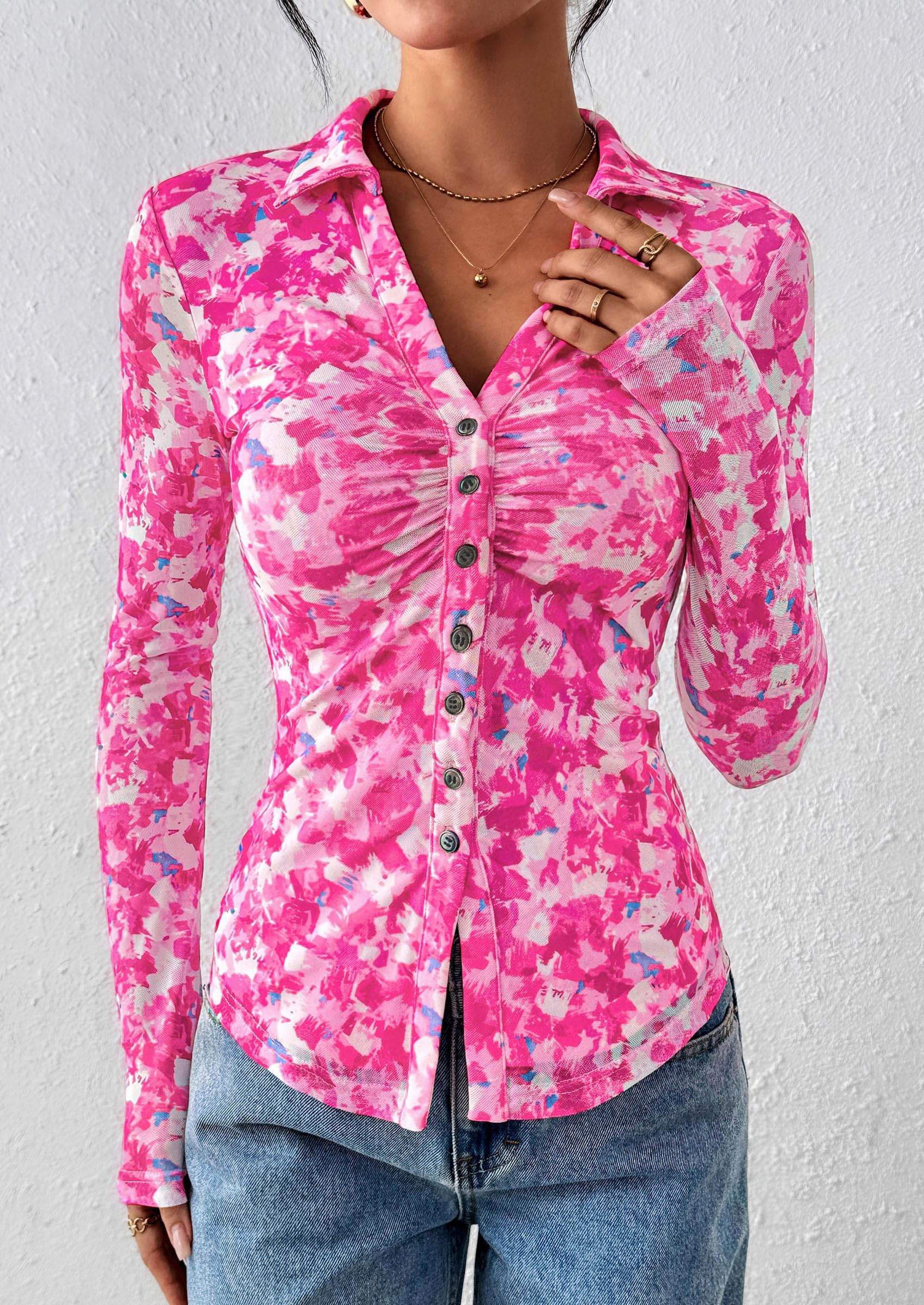 Women's Button Down Shirts Boho Mesh Floral Going Out Tops