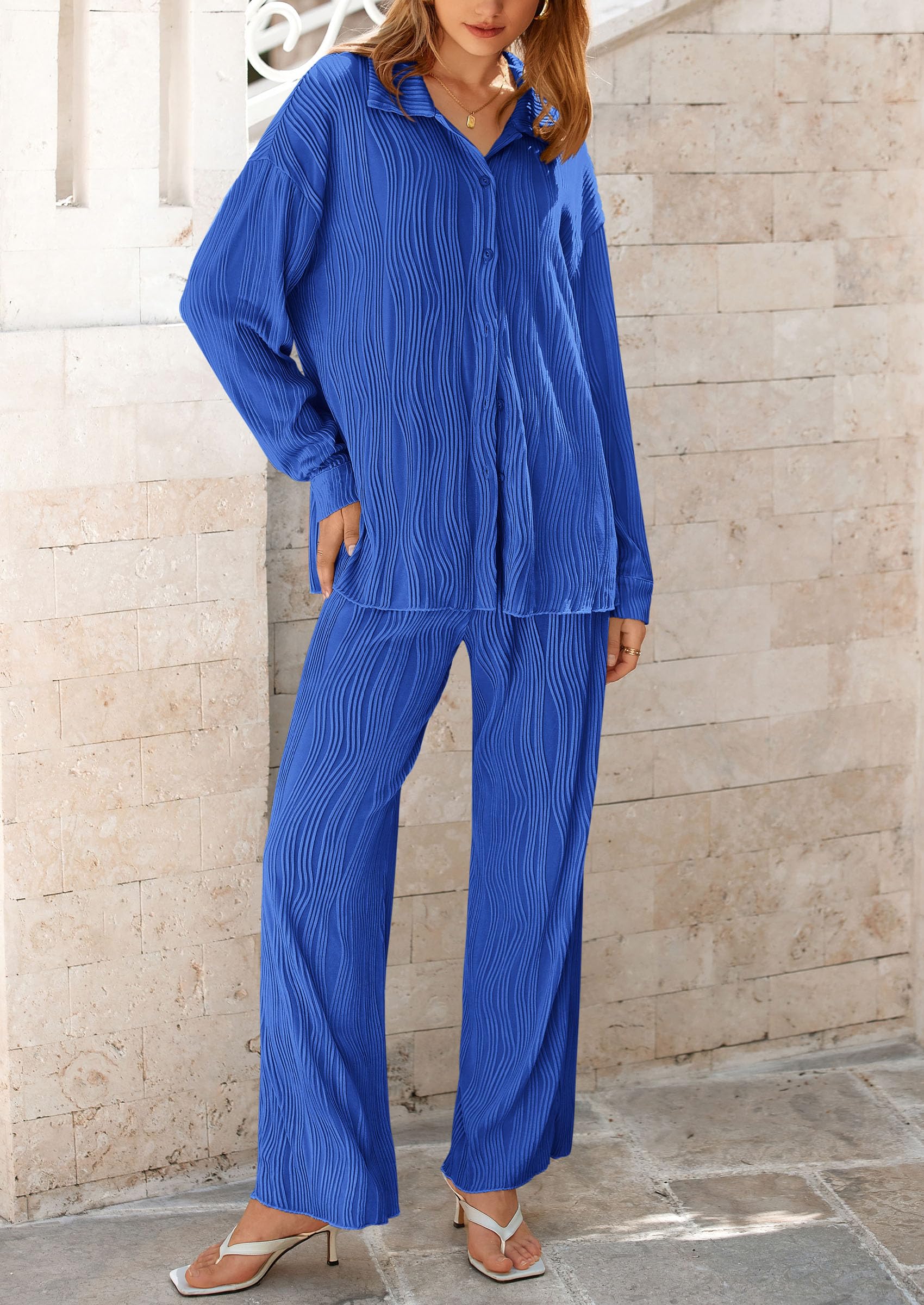 Womens 2 Piece Sets Button Down Lounge Tracksuit,Blue,S
