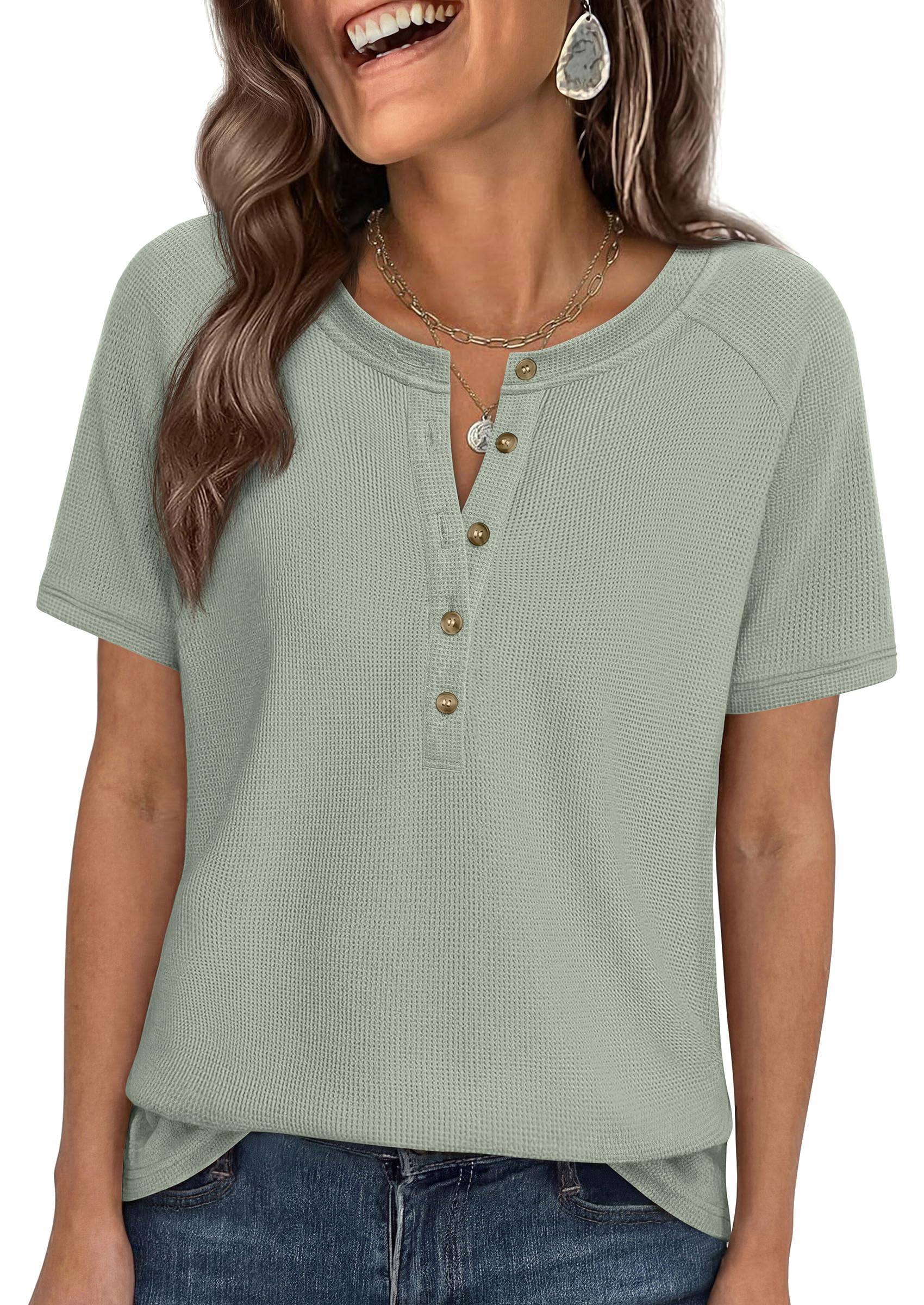 Women's Short Sleeve Waffle Knit Henley Shirts, Sage Green,S