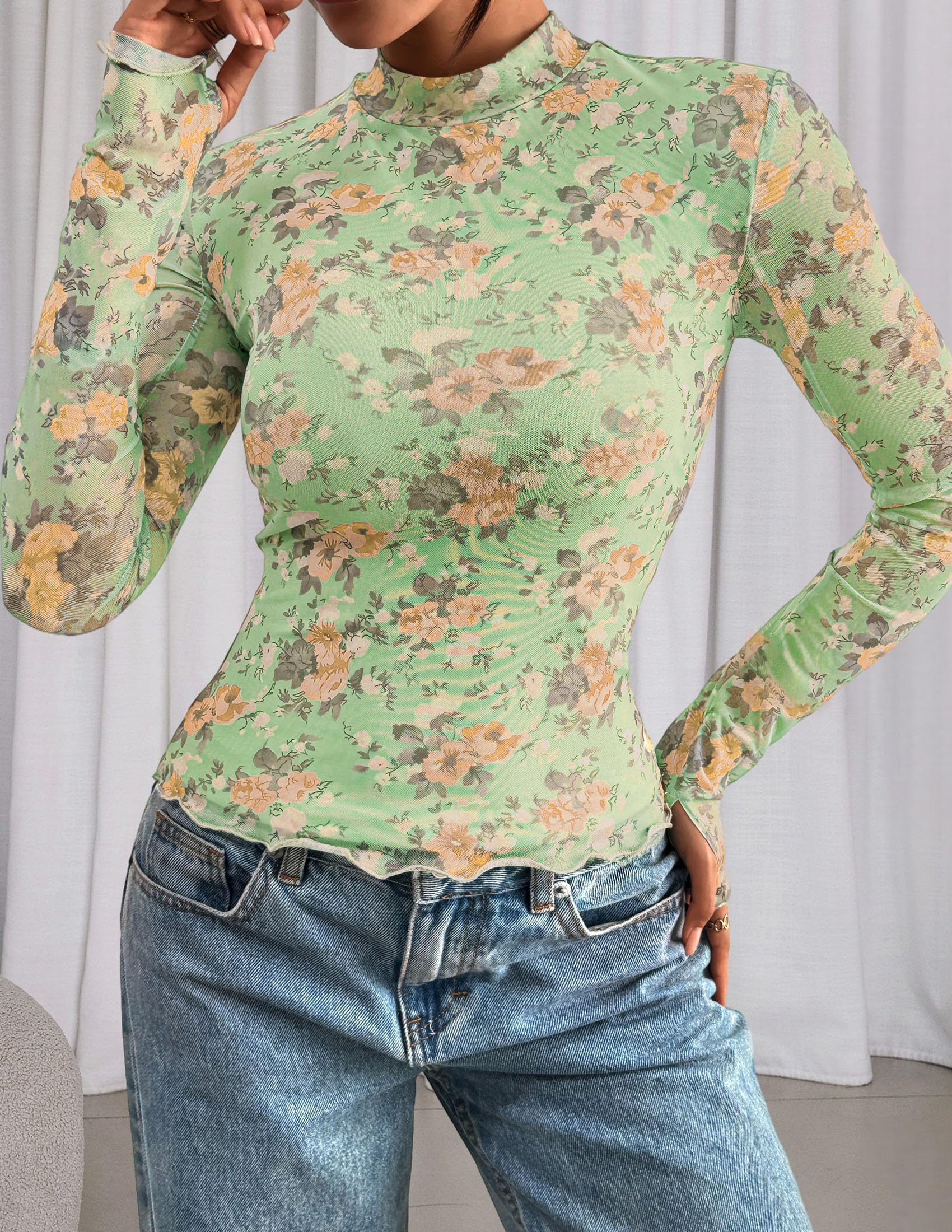 Womens Floral Mesh Long Sleeve Tops Fall Slim Fitted Shirts