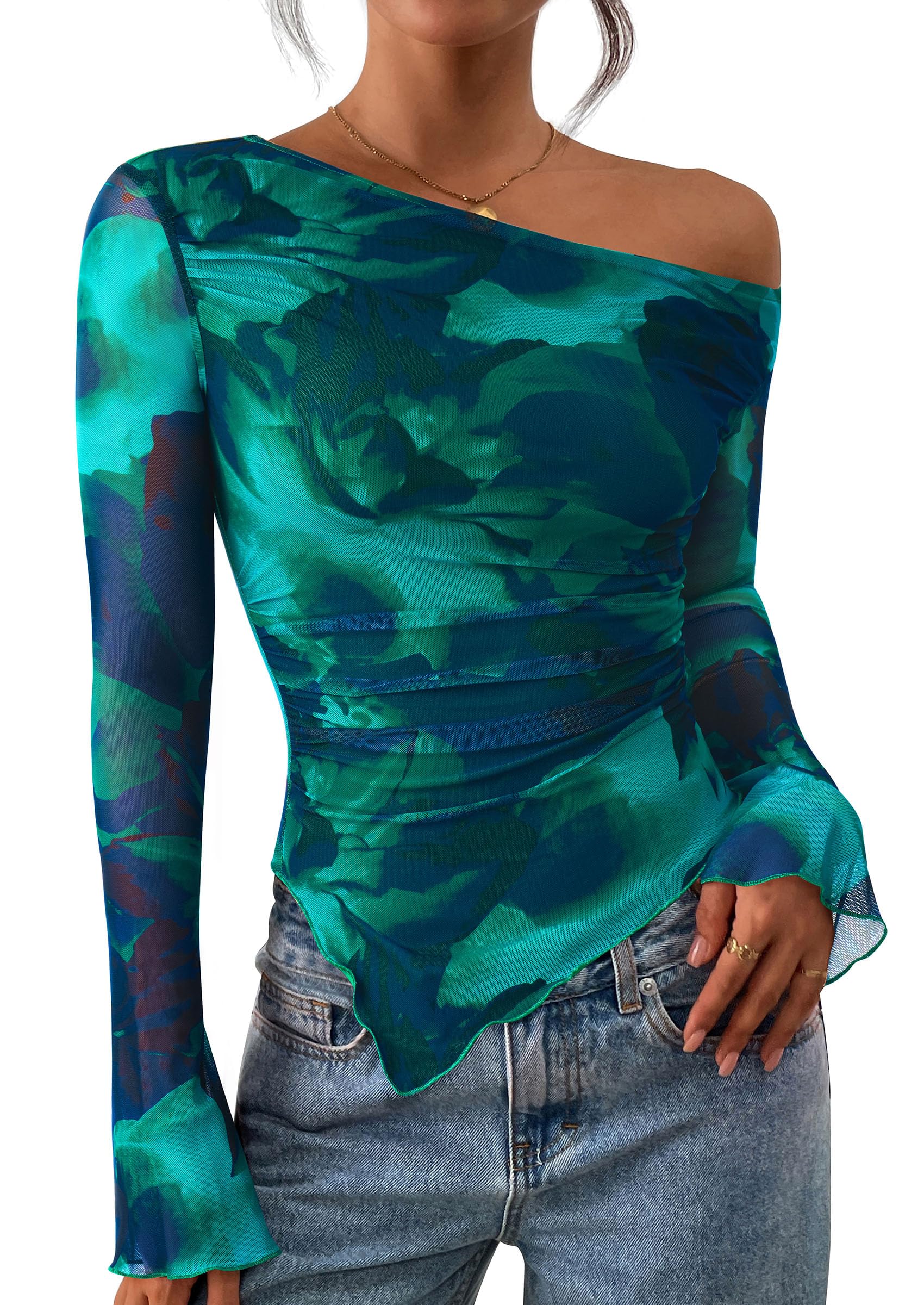 Womens Off Shoulder Mesh Y2k Tops,Floral Lake Blue,XS