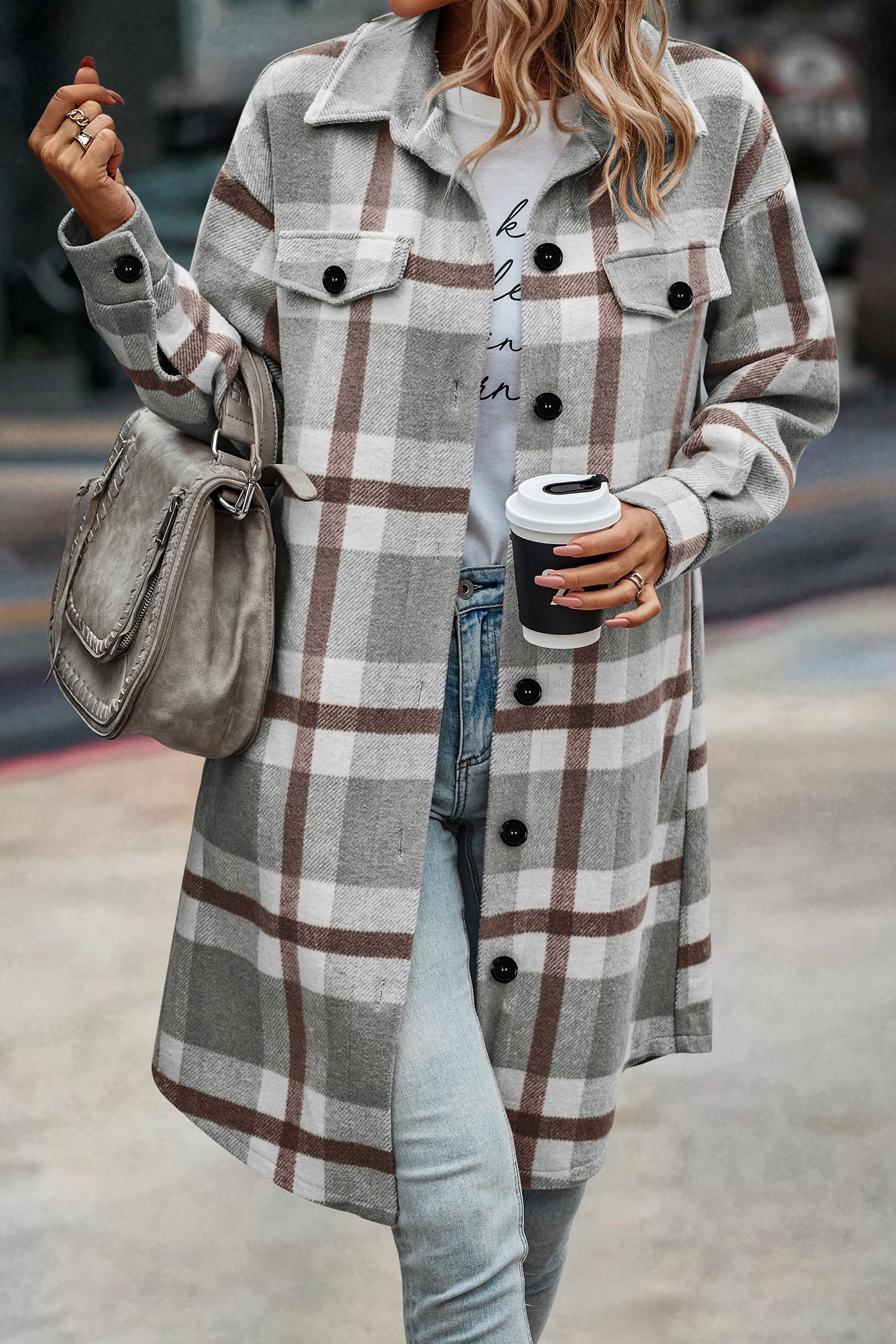 Womens Plaid Shacket Jacket Flannel Shirts,Plaid Grey,S