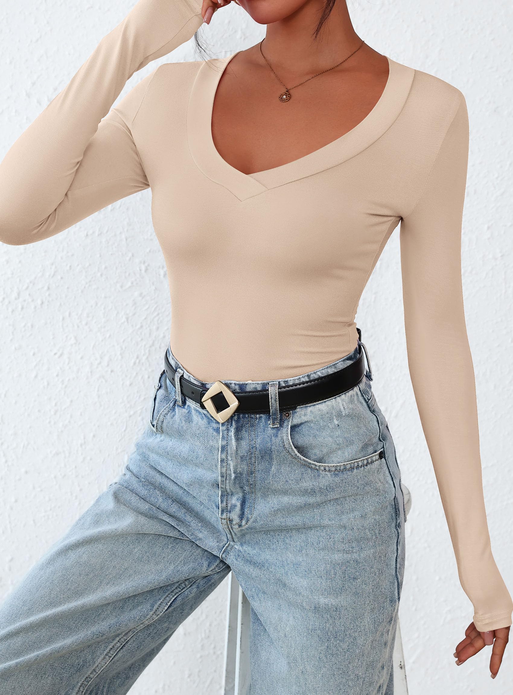 Women's V Neck Long Sleeve Shirts,Apricot,X-S