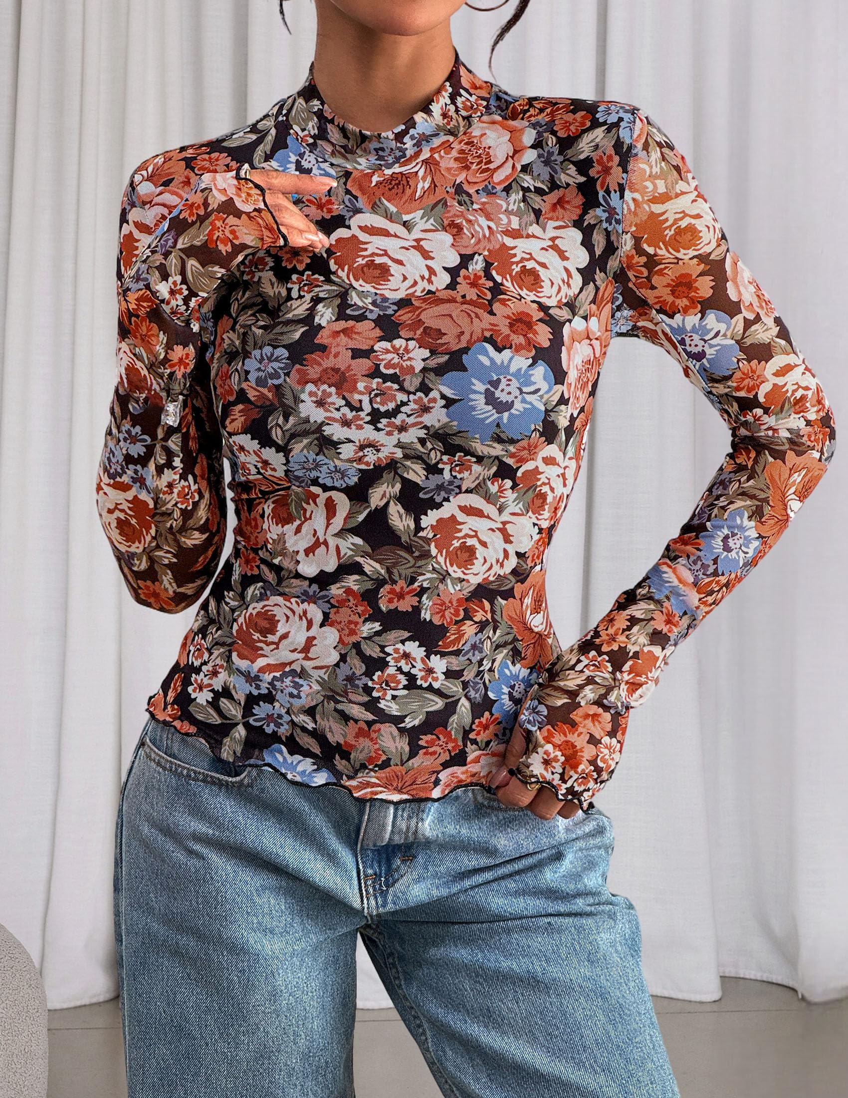 Womens Floral Mesh Long Sleeve Tops Fall Slim Fitted Shirts