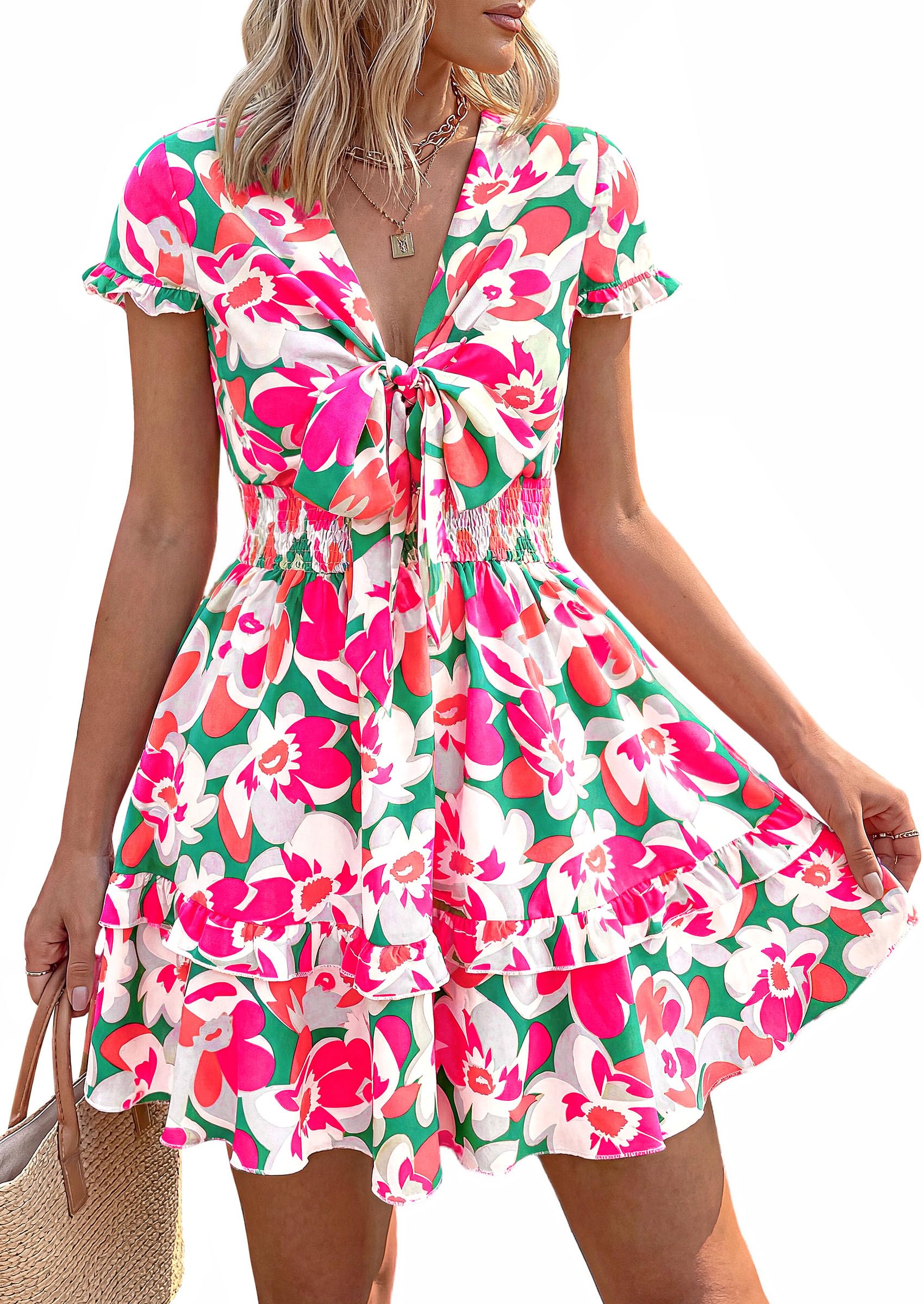 Women's Boho Floral Mini Tiered Bow Dress, Floral Green Pink,S