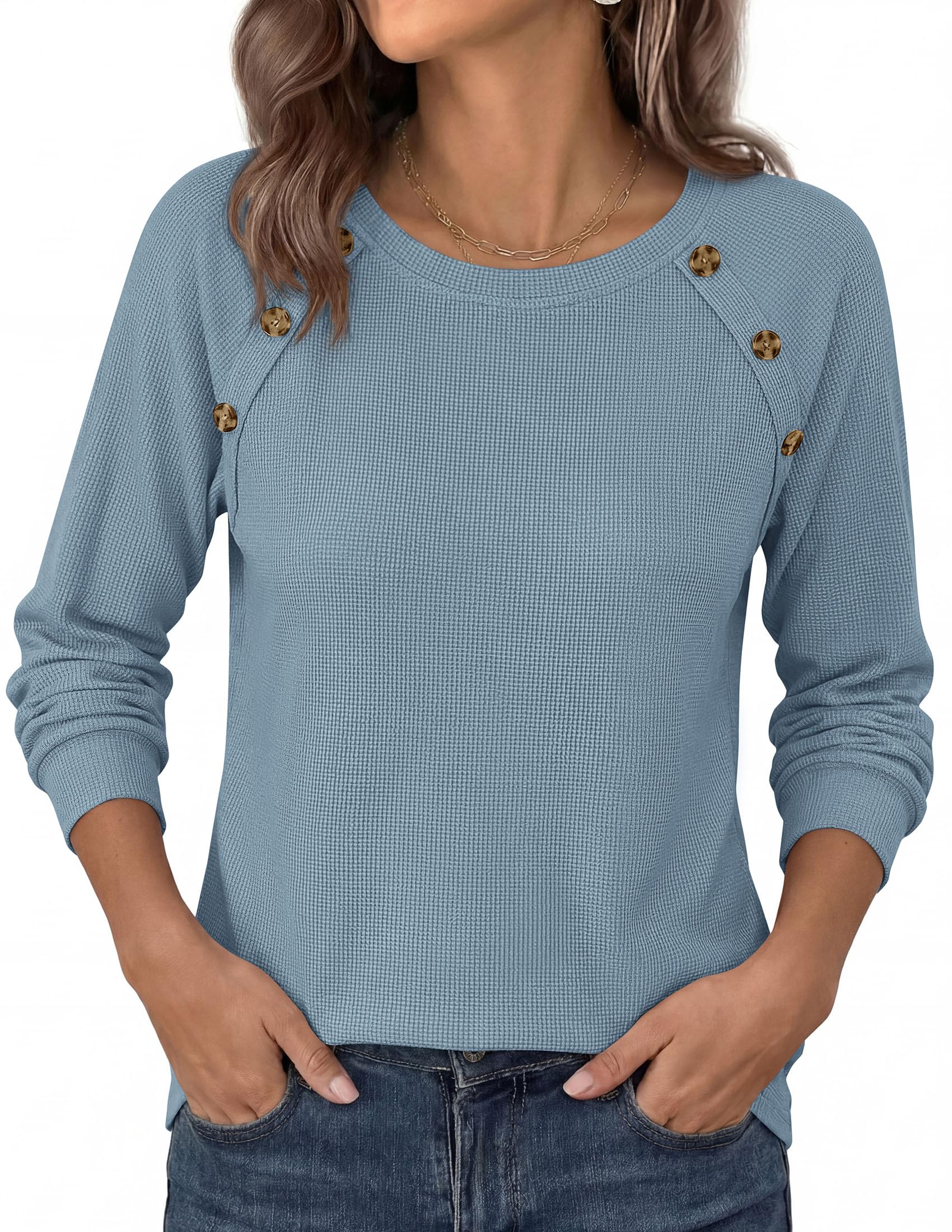 Fall Long Sleeve Waffle Knit Shirts for Women Loose Tunic Tops
