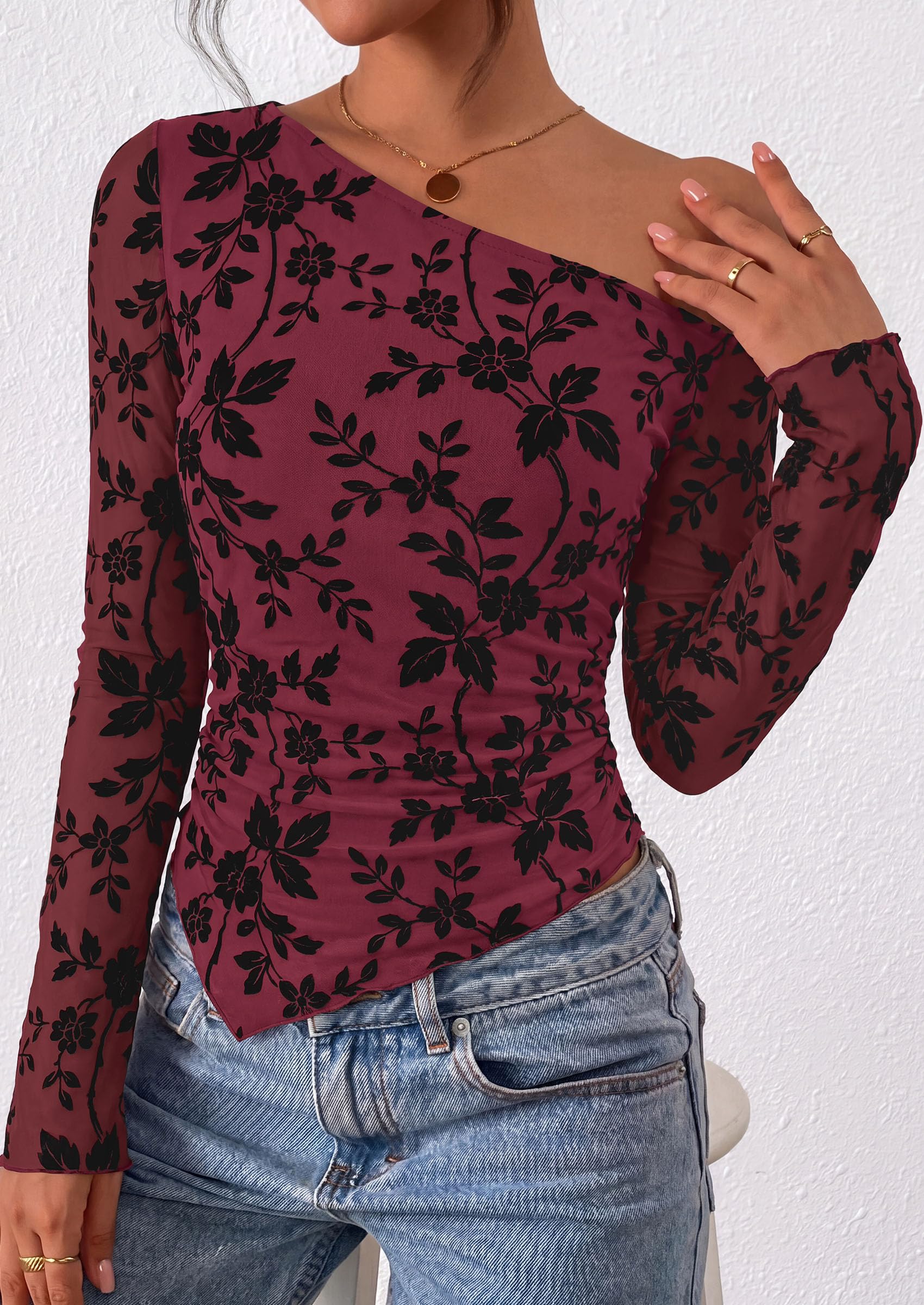 Womens Off Shoulder Mesh Y2k Tops,Wine Red,XS