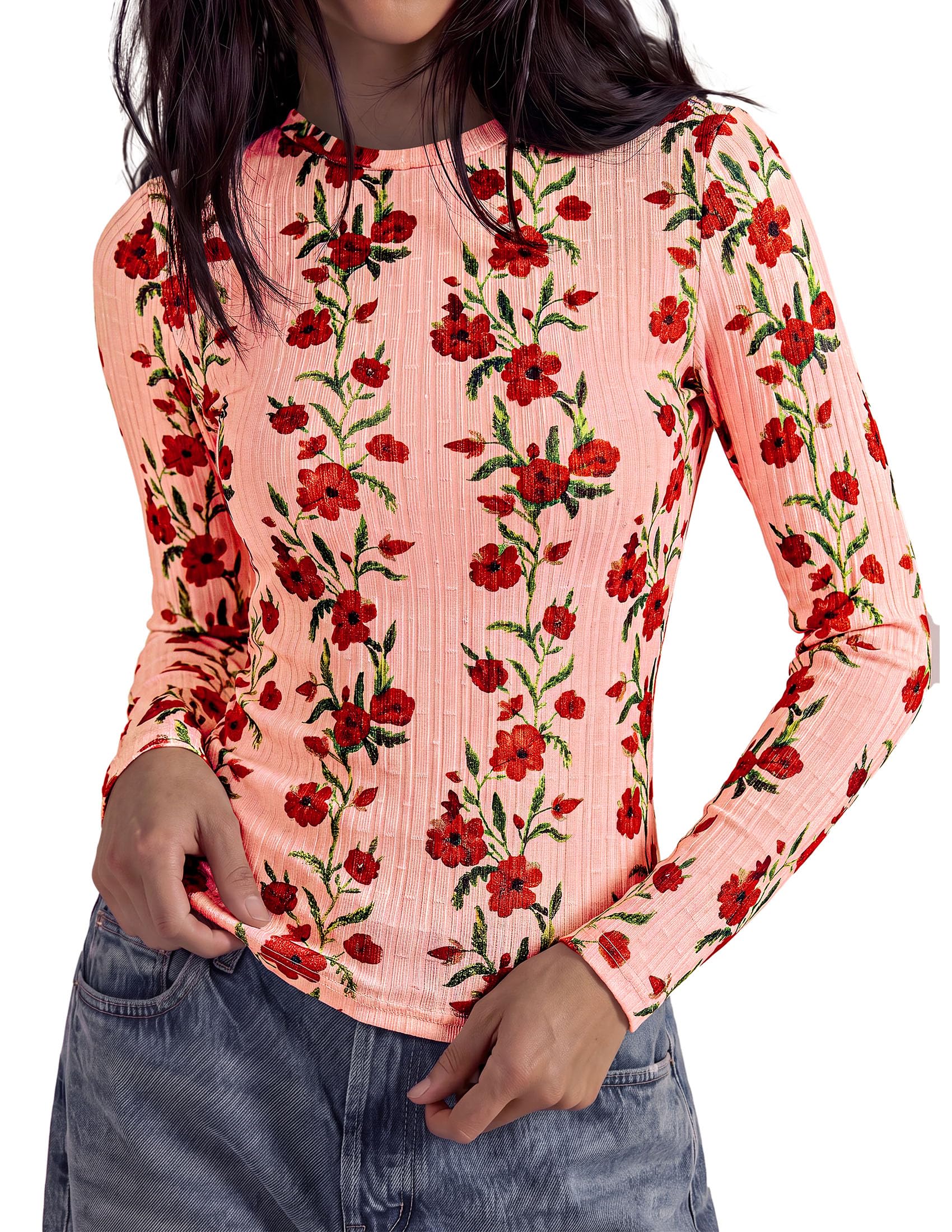 Womens Long Sleeve Shirts Floral Y2K Tops,Pink,XS