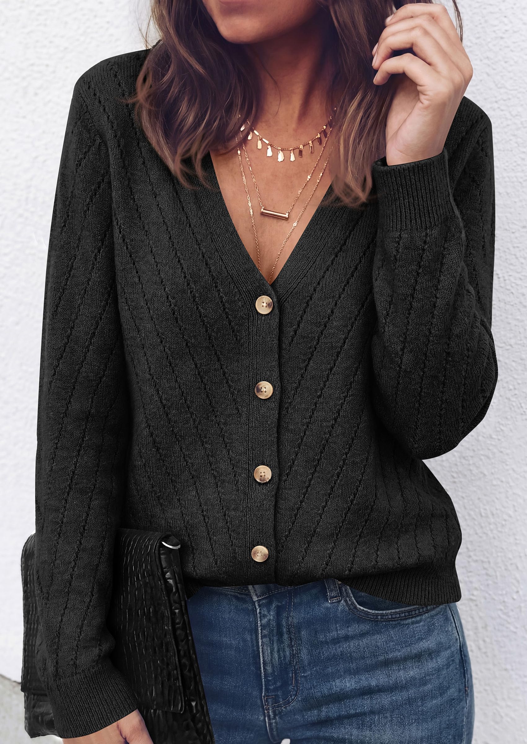 Women's Cozy Cardigan Sweater with Button (Black,S)