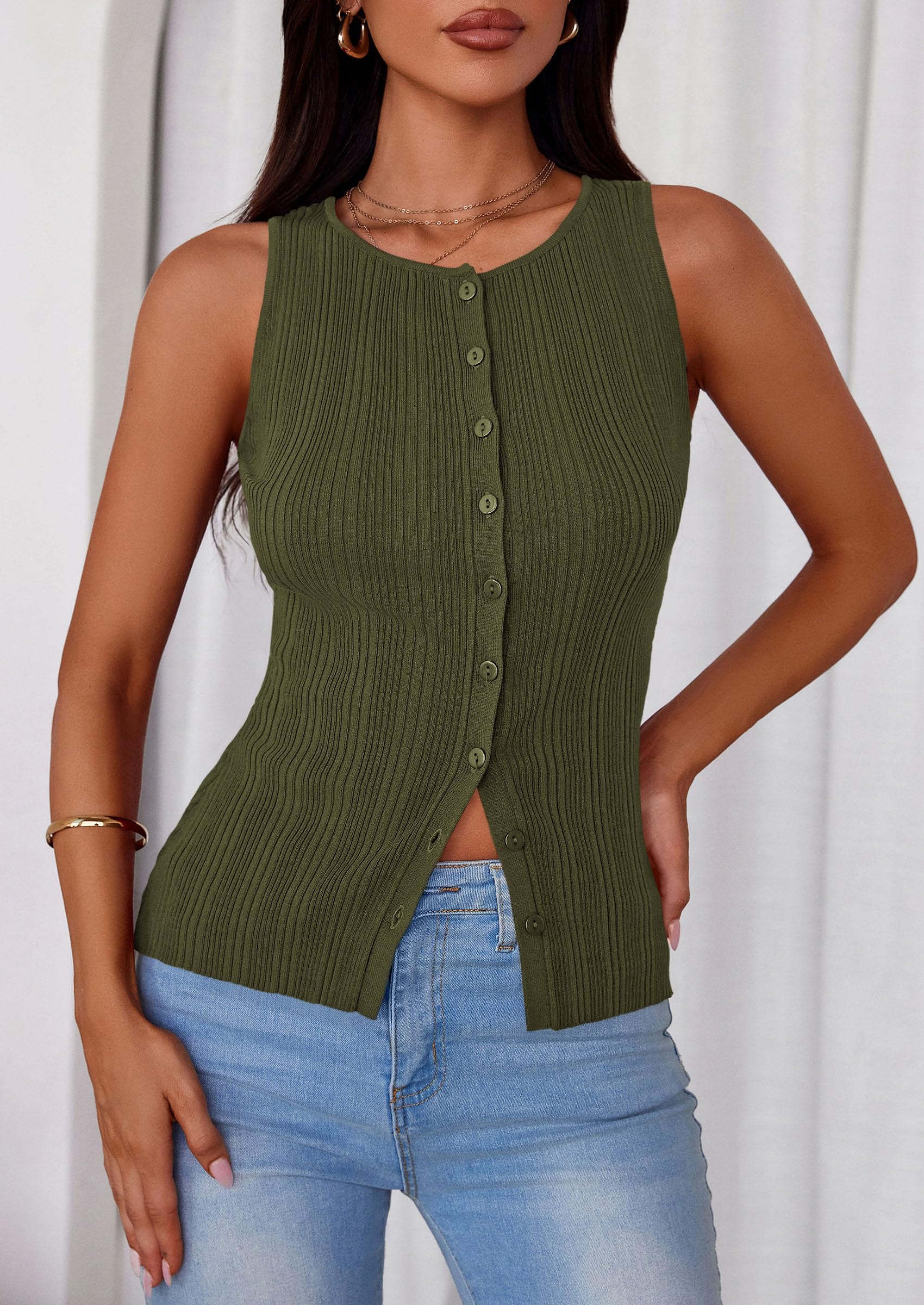 Sleeveless Button Down Shirts for Women Summer 2026 Going Out Ribbed Knit Tank Tops Y2K Clothes Trendy Vest Tops Army Green