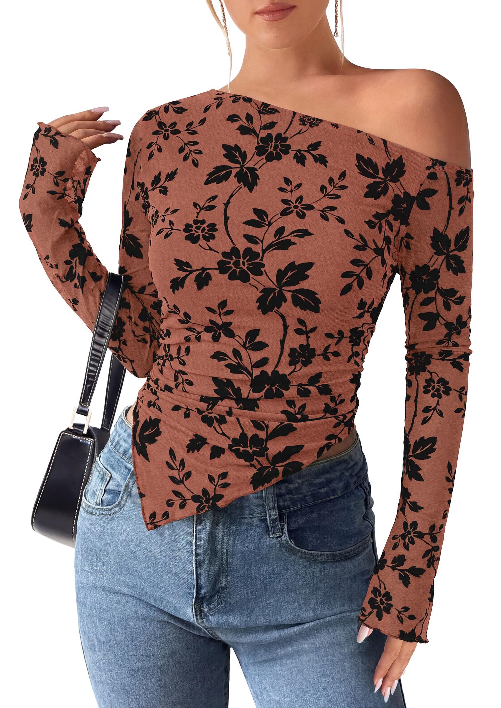 Womens Off Shoulder Mesh Y2k Tops,Rust,XS