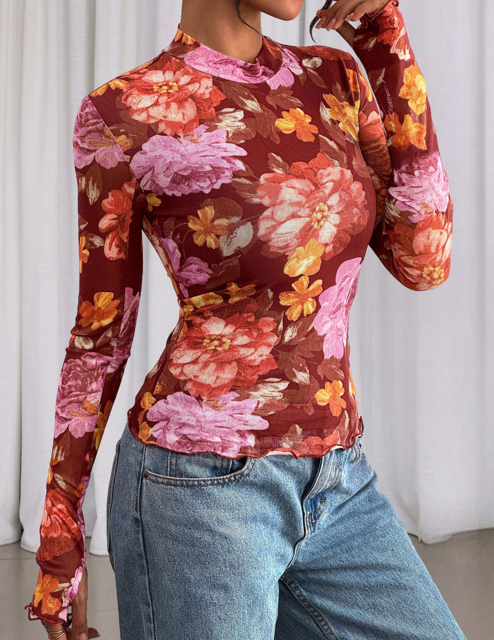 Womens Floral Mesh Long Sleeve Tops Fall Slim Fitted Shirts