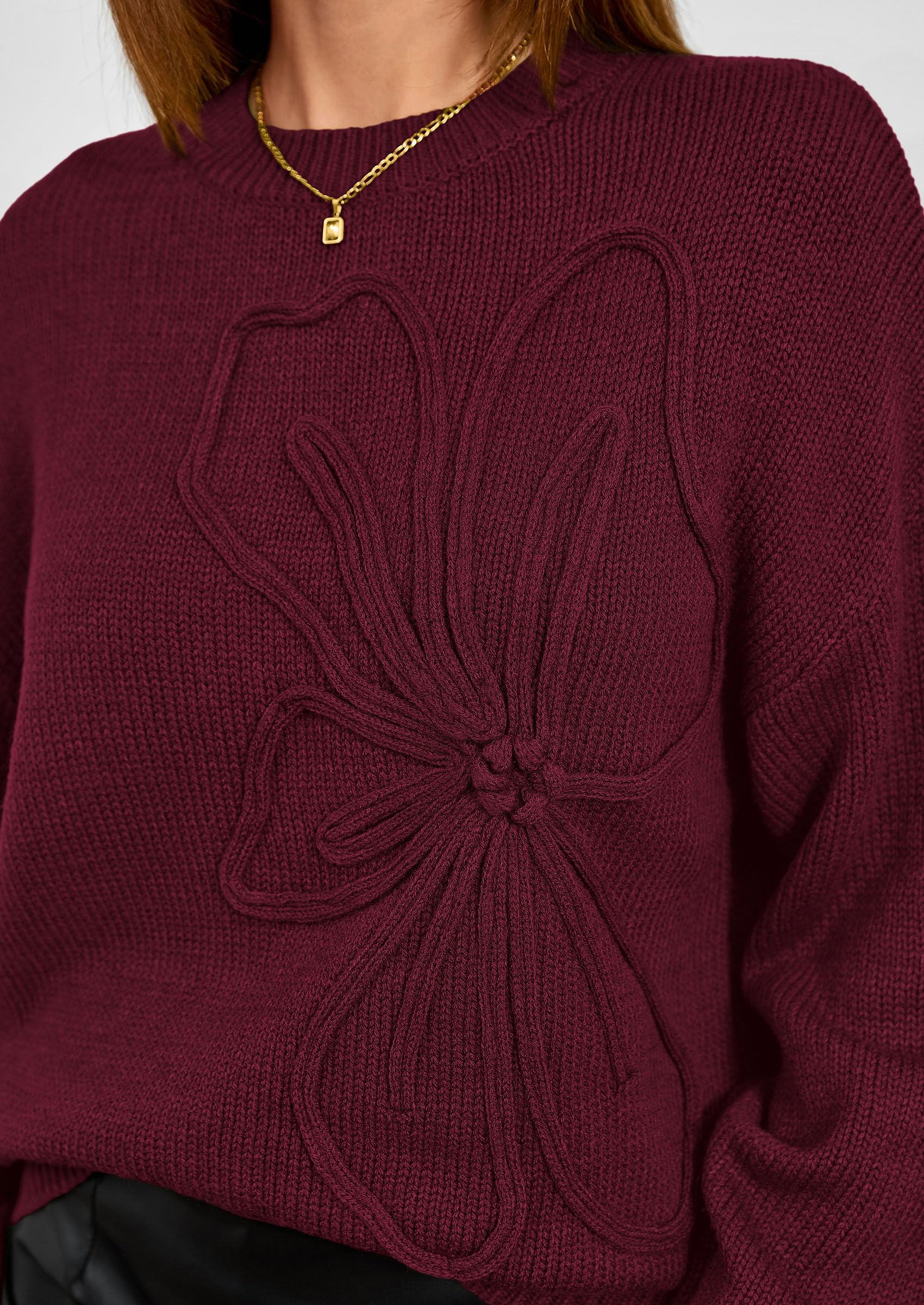 Women's Oversized 3D Floral Knit Sweater,Burgundy,S