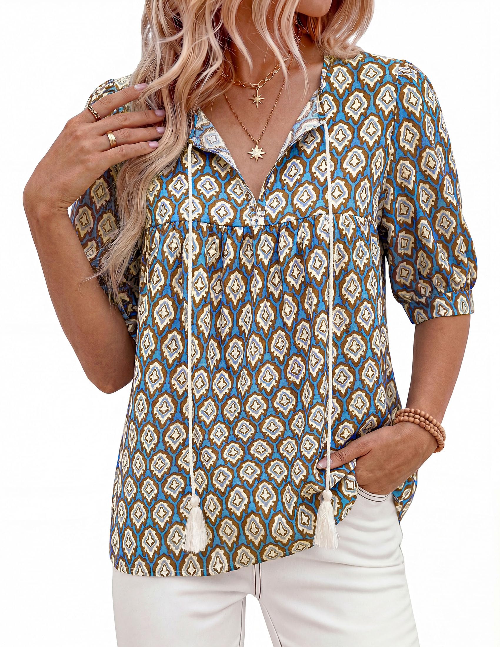 Womens Summer Boho Blouses Dressy Casual Blue,M