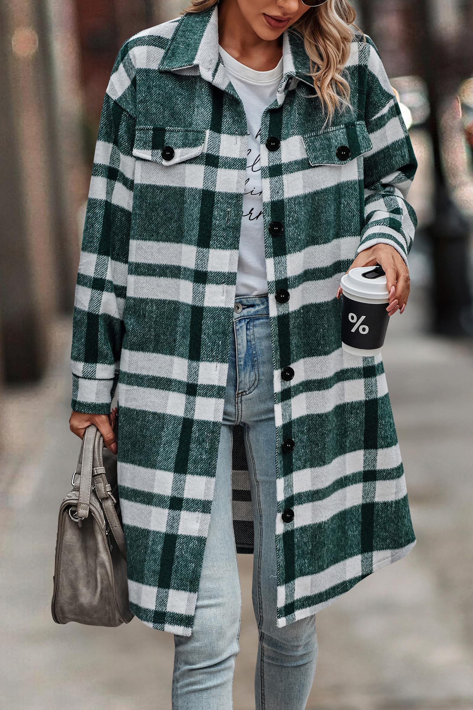 Womens Plaid Shacket Jacket Flannel Shirts,Plaid Dark Green,S