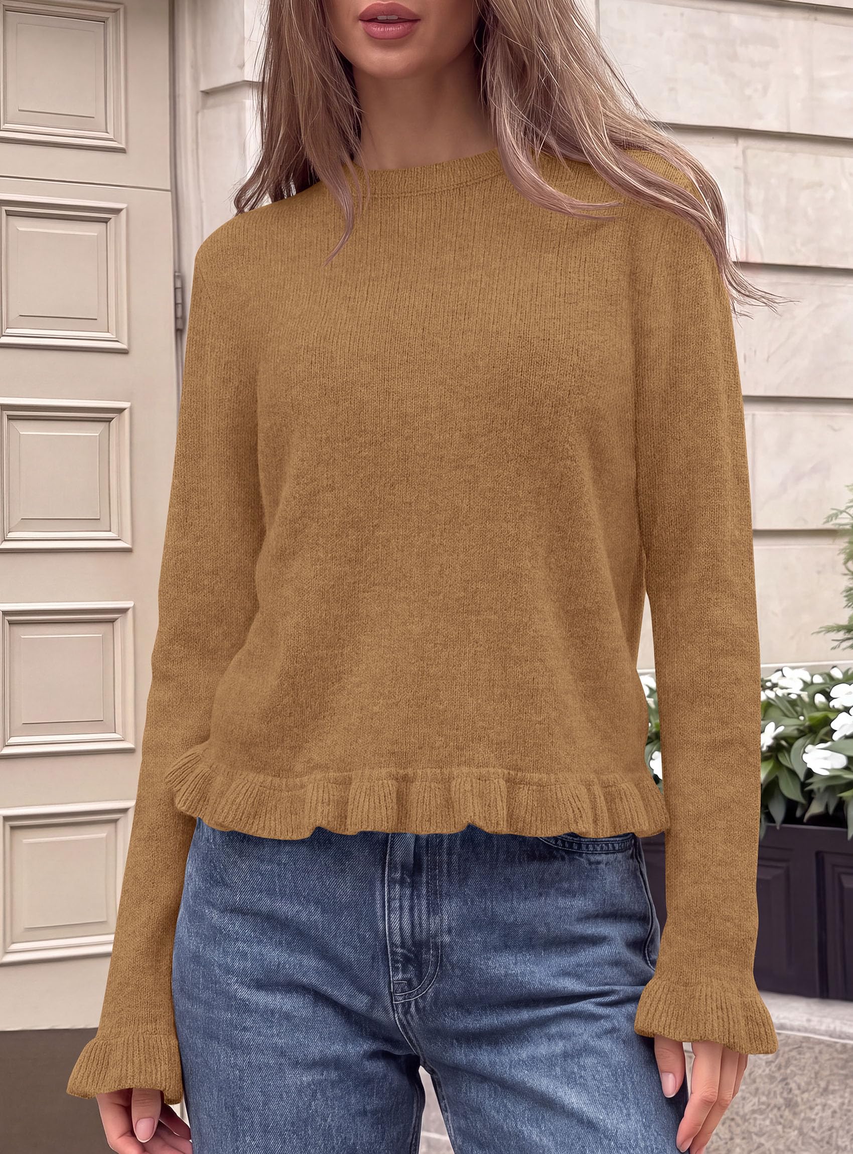 Women's Ruffle Sweaters Fall Fashion Cozy Knit Pullover Khaki