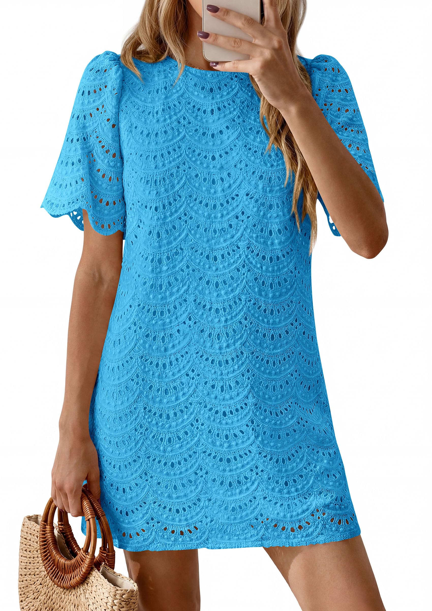 Women's Summer Eyelet Lace Short Dress (Brilliant Blue,S)