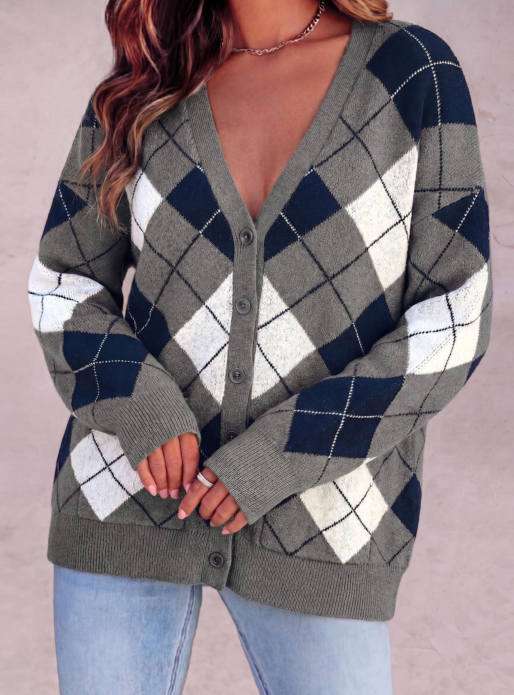 Women's Cardigan Argyle Winter Sweaters (Plaid Grey,L)