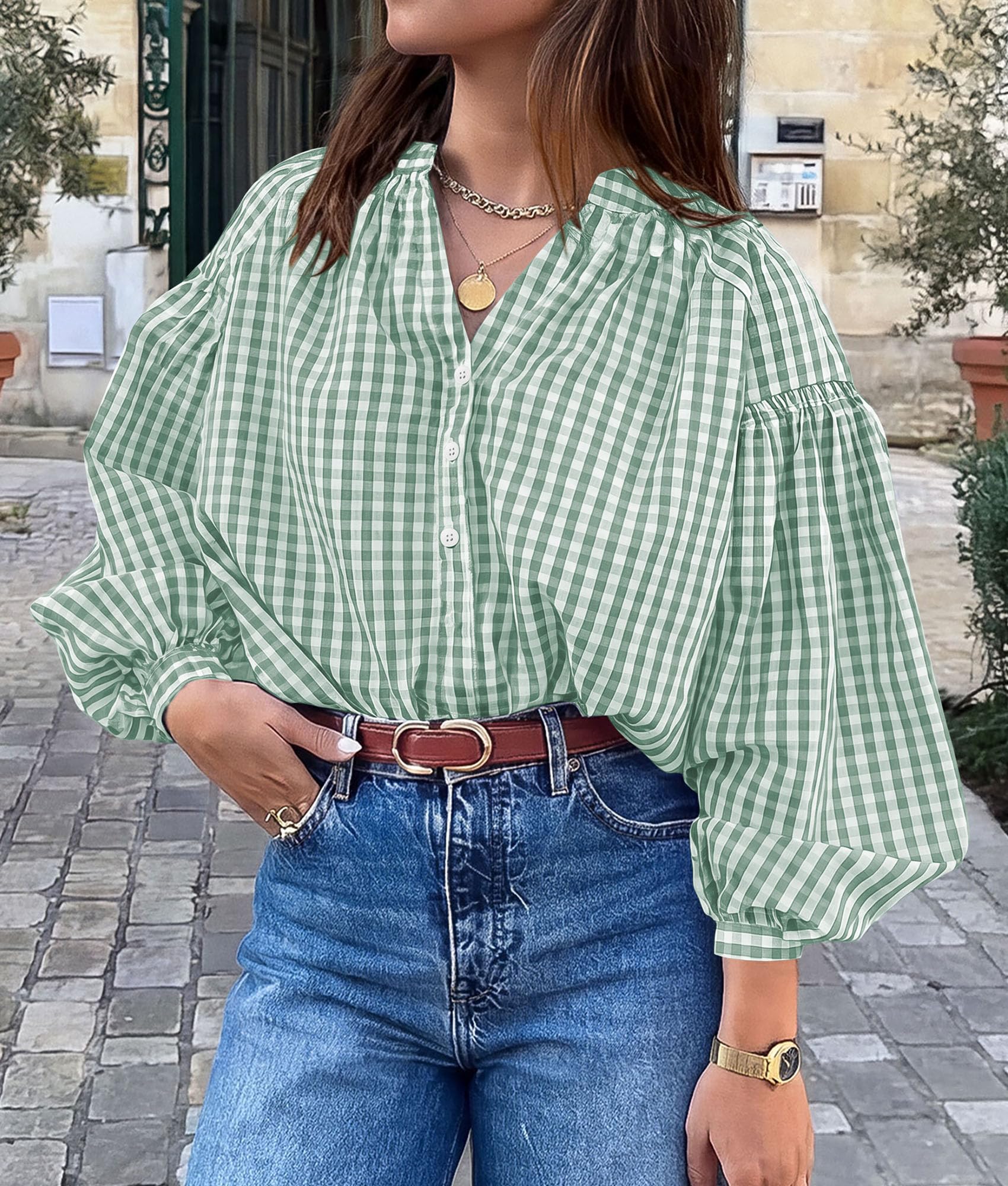 Women Fall Plaid Long Puff Sleeve Shirts V Neck Casual Blouses