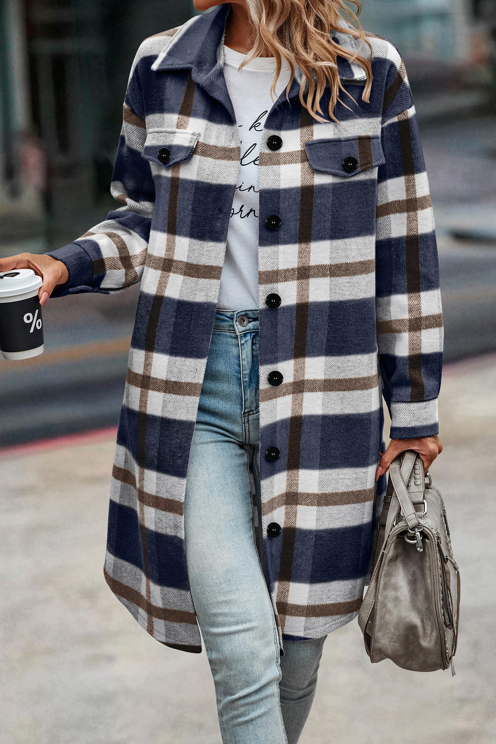 Womens Plaid Shacket Jacket Flannel Shirts,Plaid Navy,S
