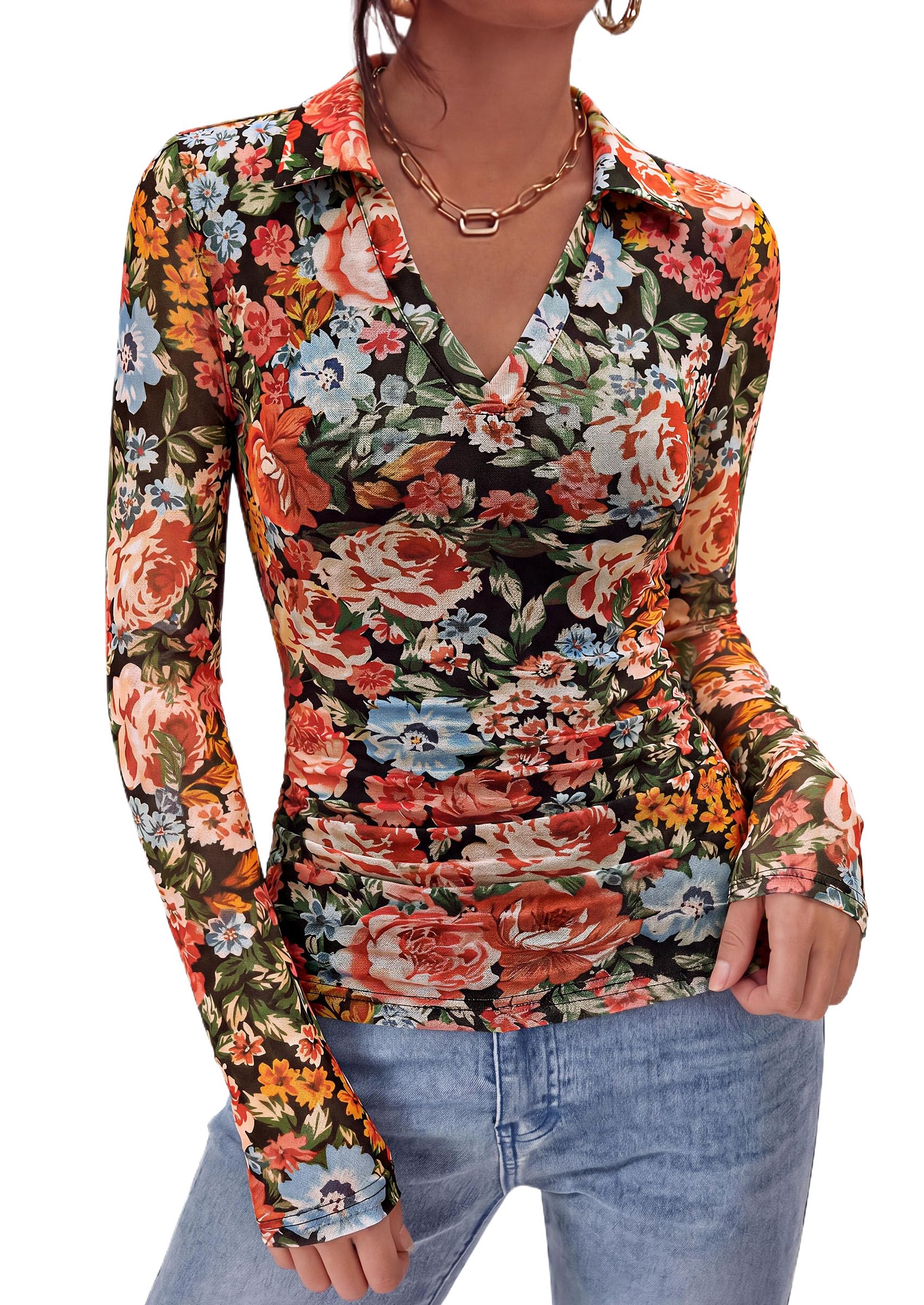 Women's Long Sleeve Boho Floral Mesh Tops Fall V Neck Blouses