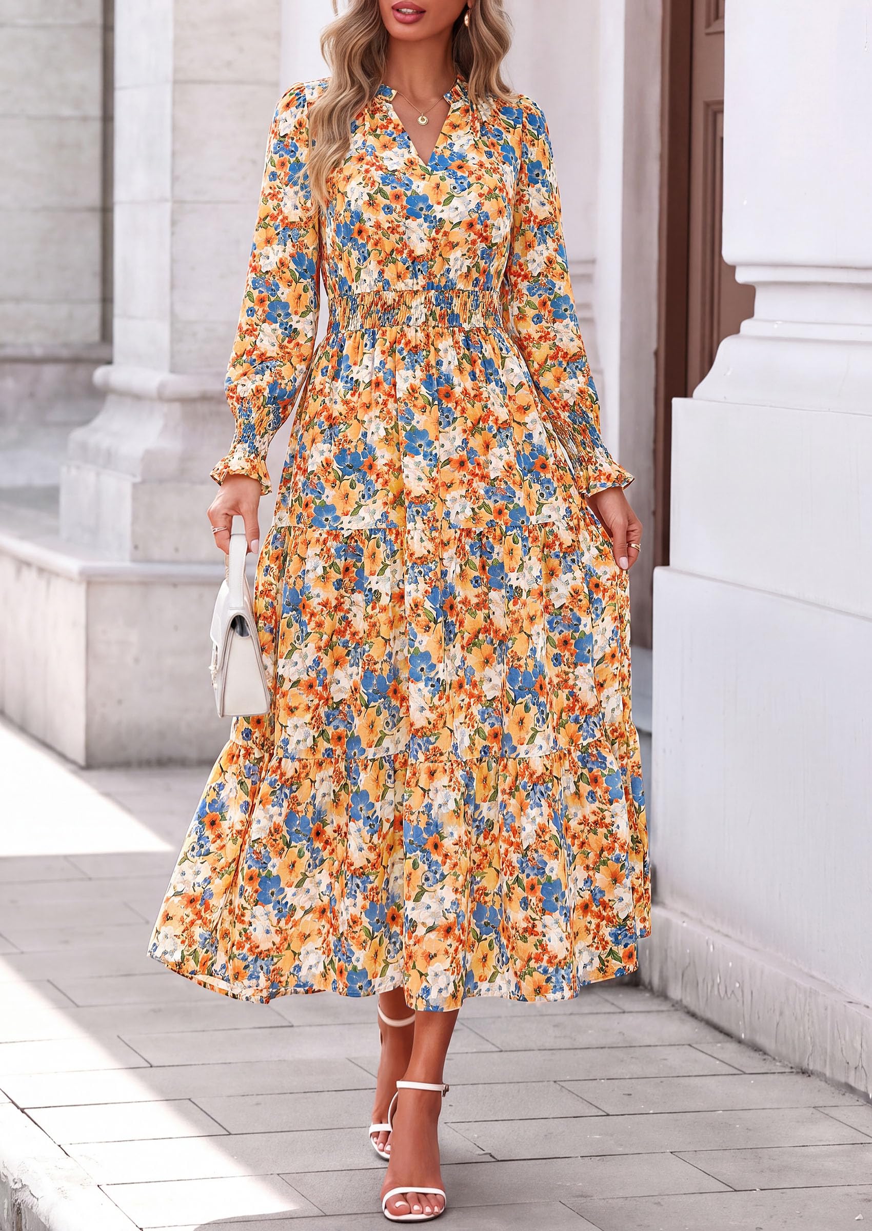 Women's Floral Maxi Dress Fall A Line Wedding Guest Dresses