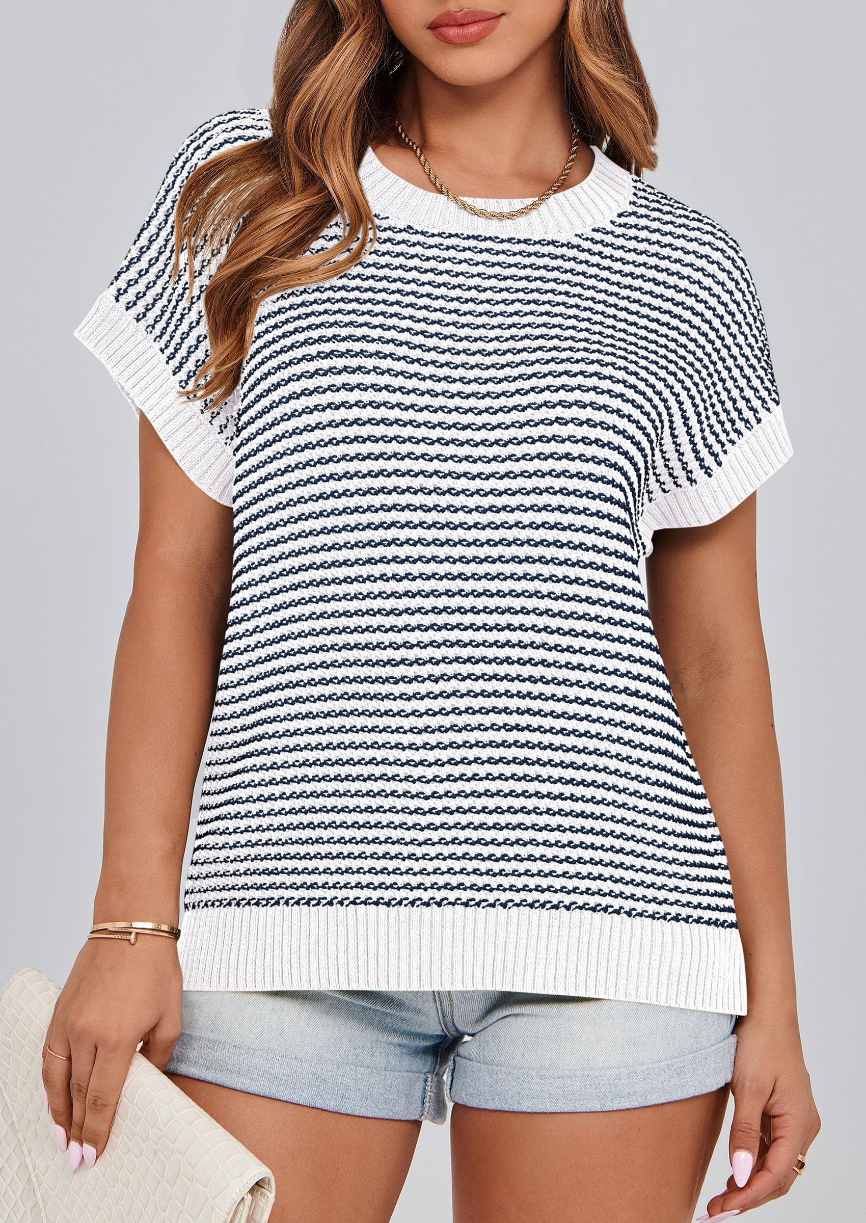 Women's Striped Short Sleeve Sweater Vest Striped White Navy,S
