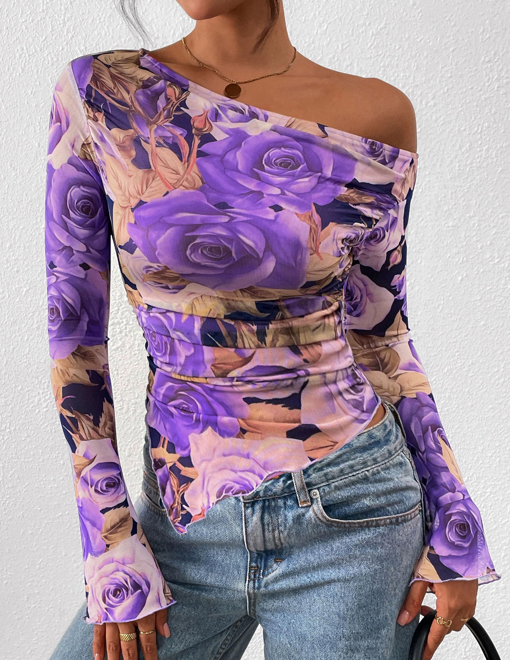 Womens Off Shoulder Mesh Y2k Tops,Floral Purple,XS