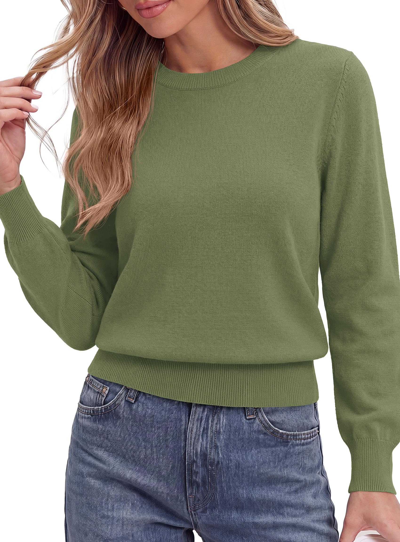 Women’s Long Sleeve Crew Neck Cropped Sweaters Green,S