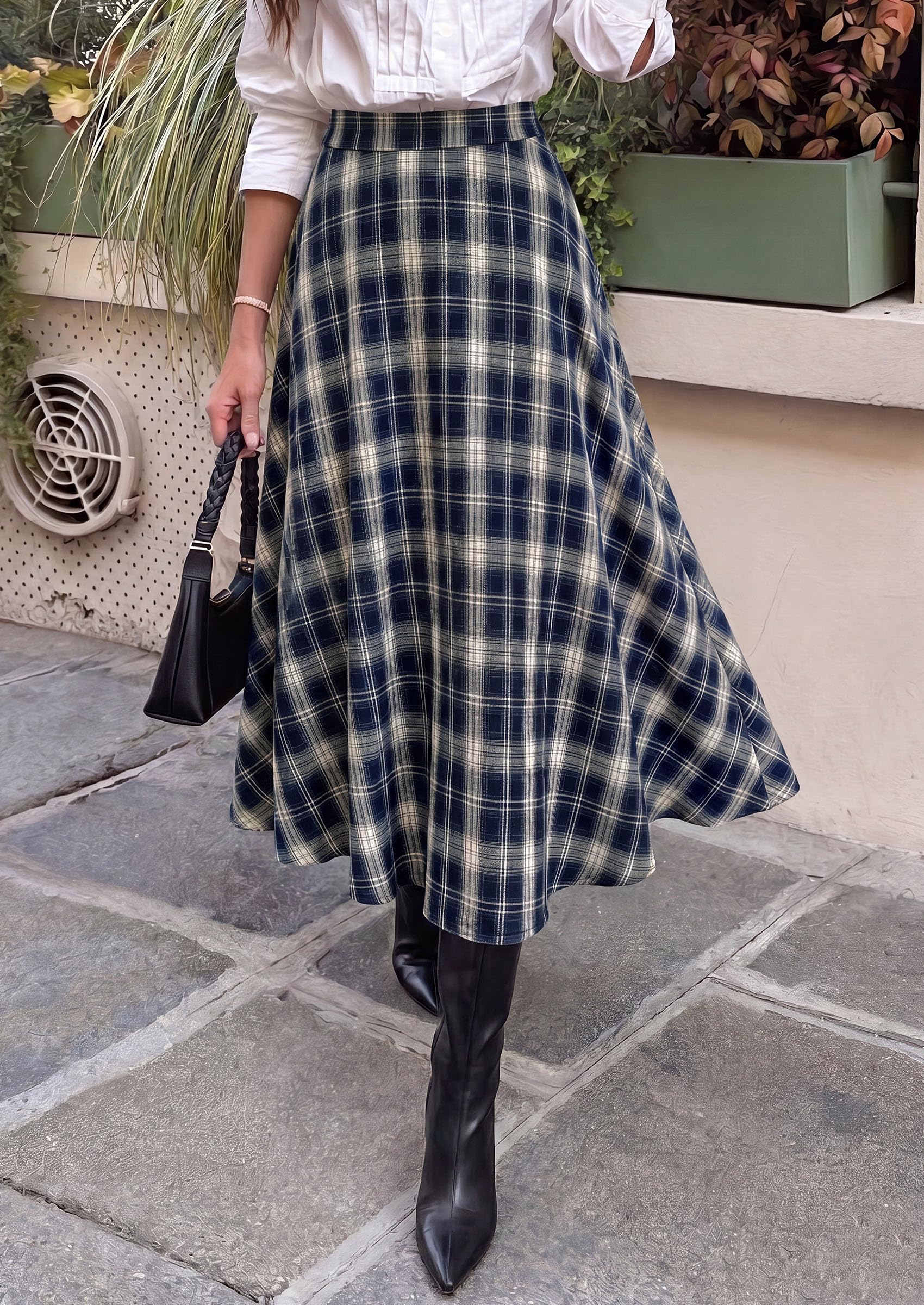Women's Plaid High Waisted A-Line Midi Skirts,Navy Blue,S