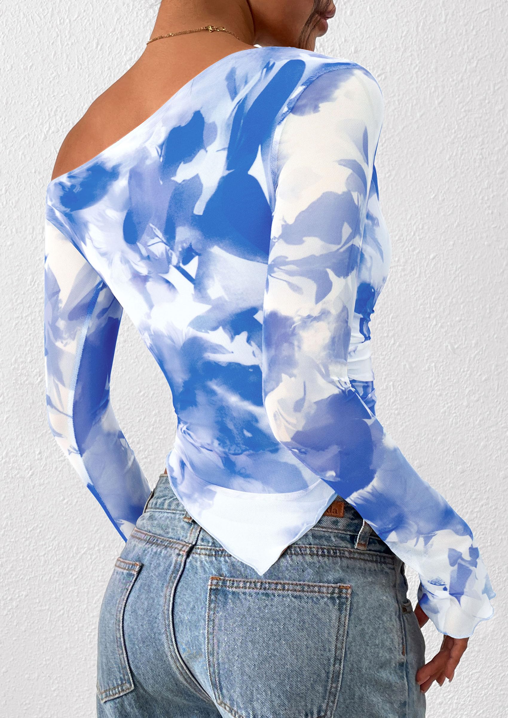 Womens Off Shoulder Mesh Y2k Tops,Floral Light Blue,XS