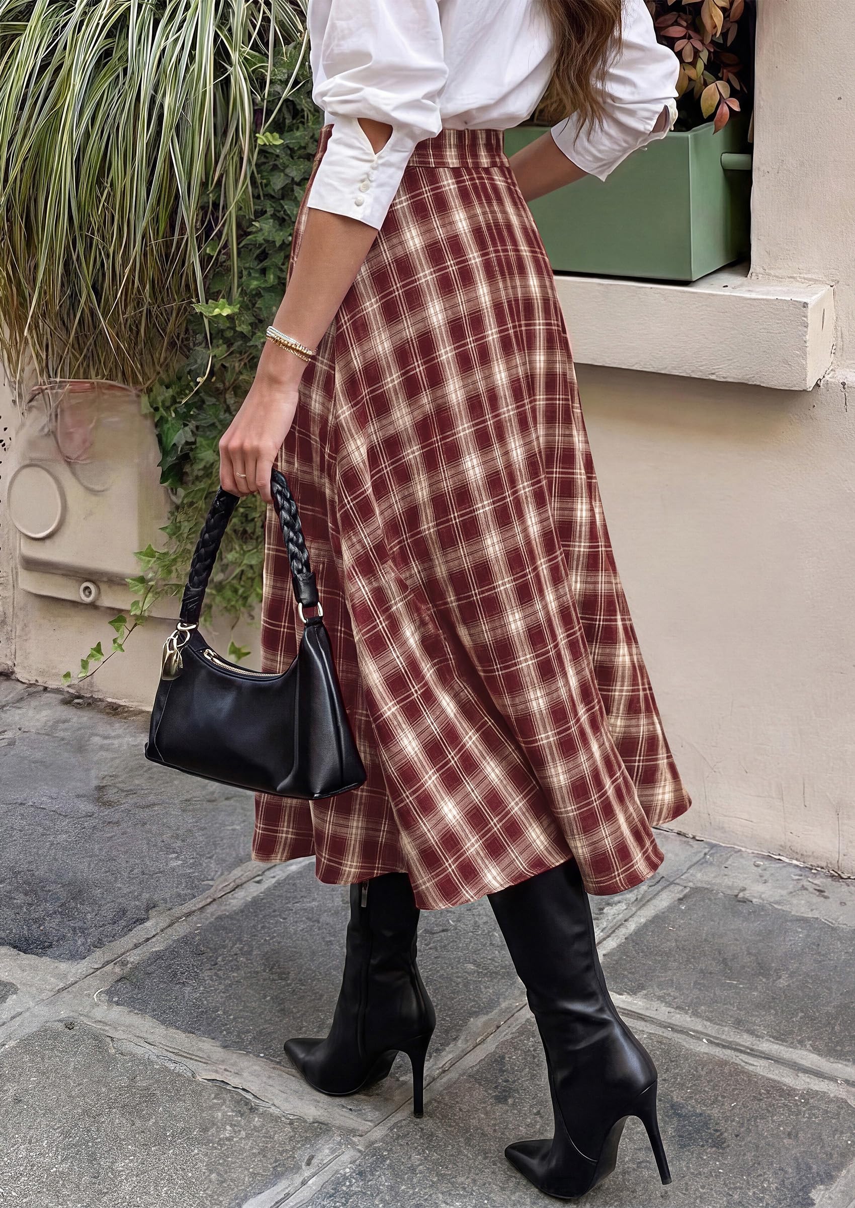 Women's Plaid High Waisted A-Line Midi Skirts,Rust Red,S
