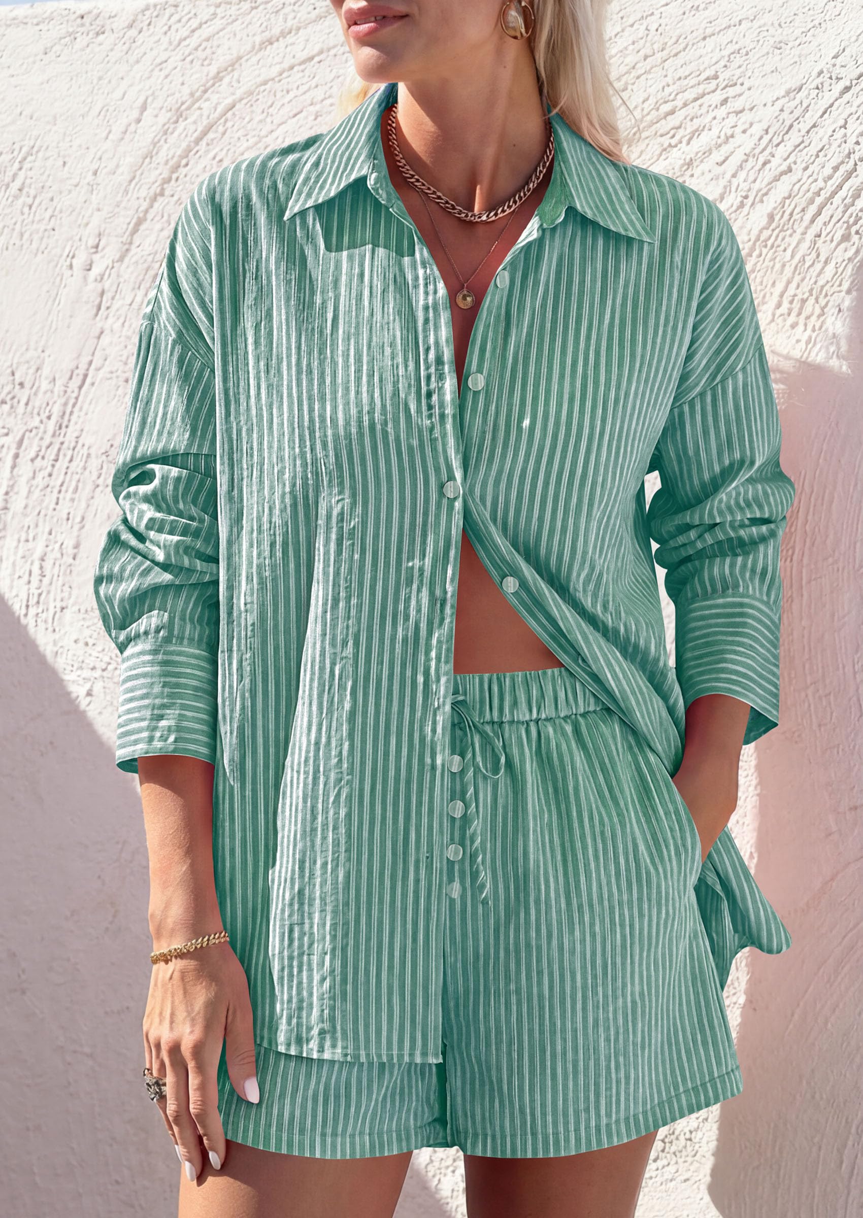 Women's Summer 2 Piece Outfits Lounge Sets Striped Green White