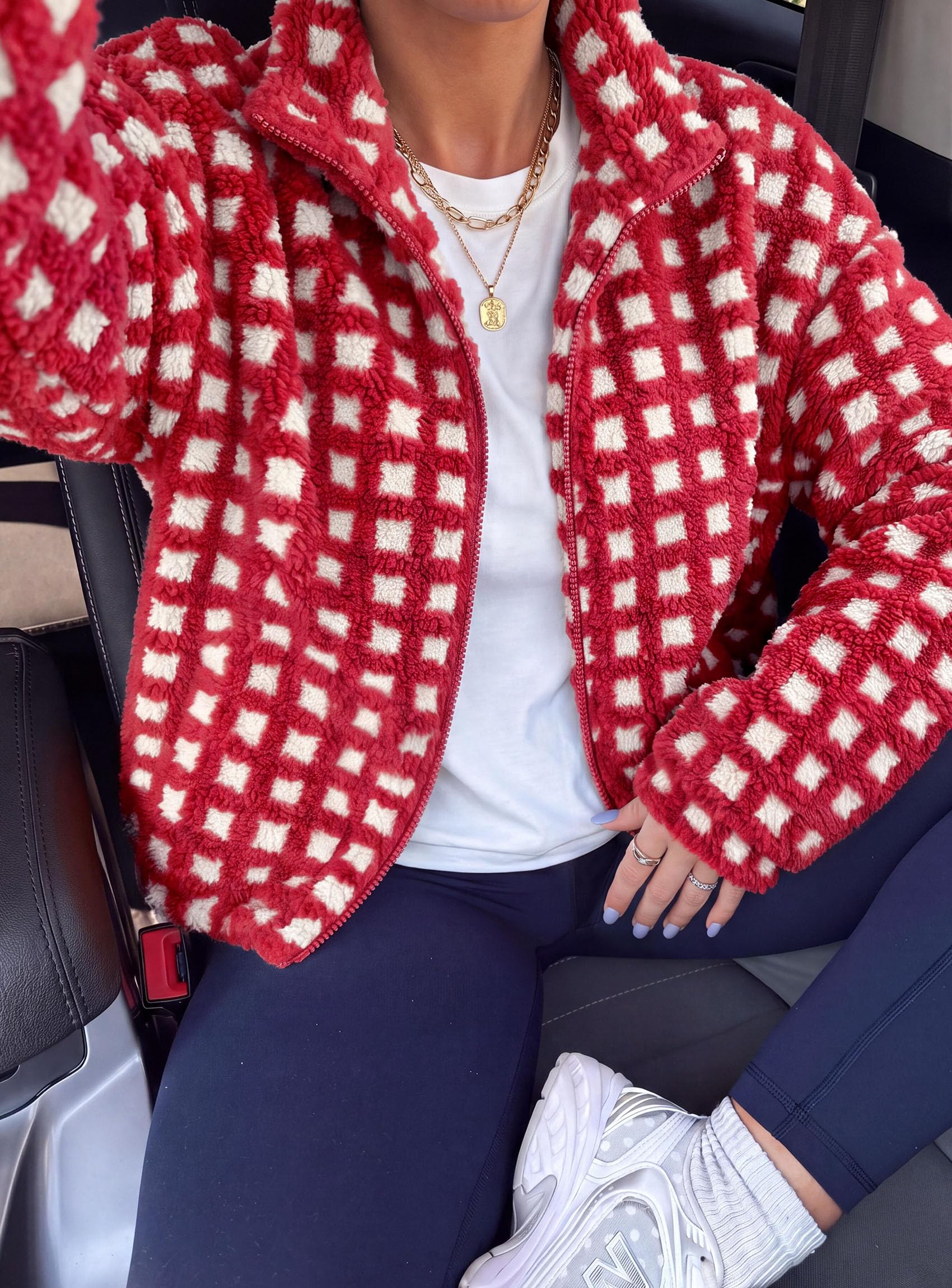 Women's Gingham Sherpa Fleece Jacket Plaid Cropped Teddy Coat