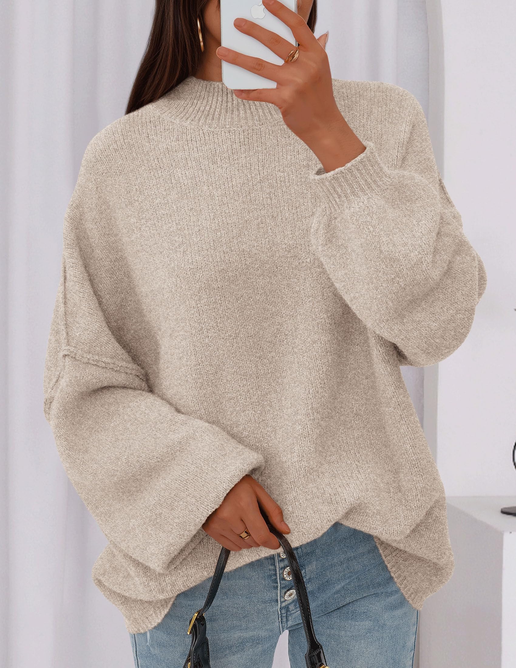 Women's Oversized Sweaters Fall Clothes (Light Khaki,M)