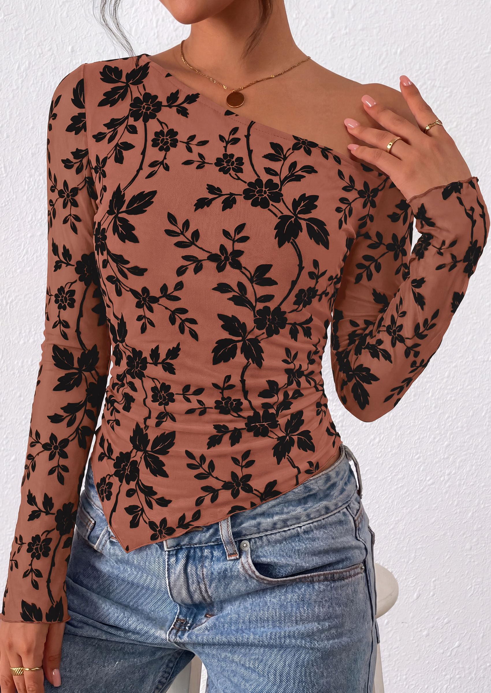 Womens Off Shoulder Mesh Y2k Tops,Rust,XS