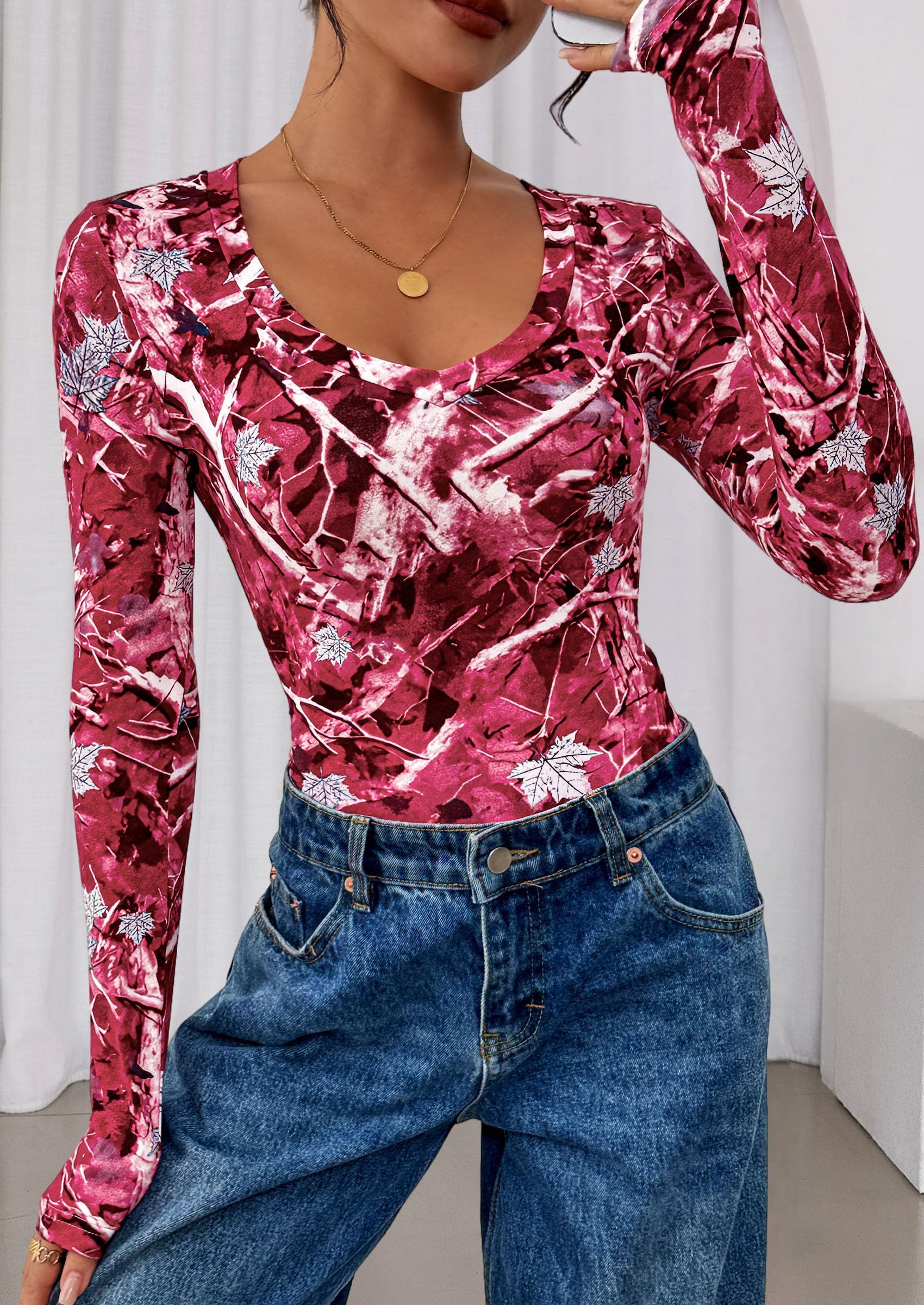Womens Long Sleeve Slim Fit Crop Tops,Red Floral,XS