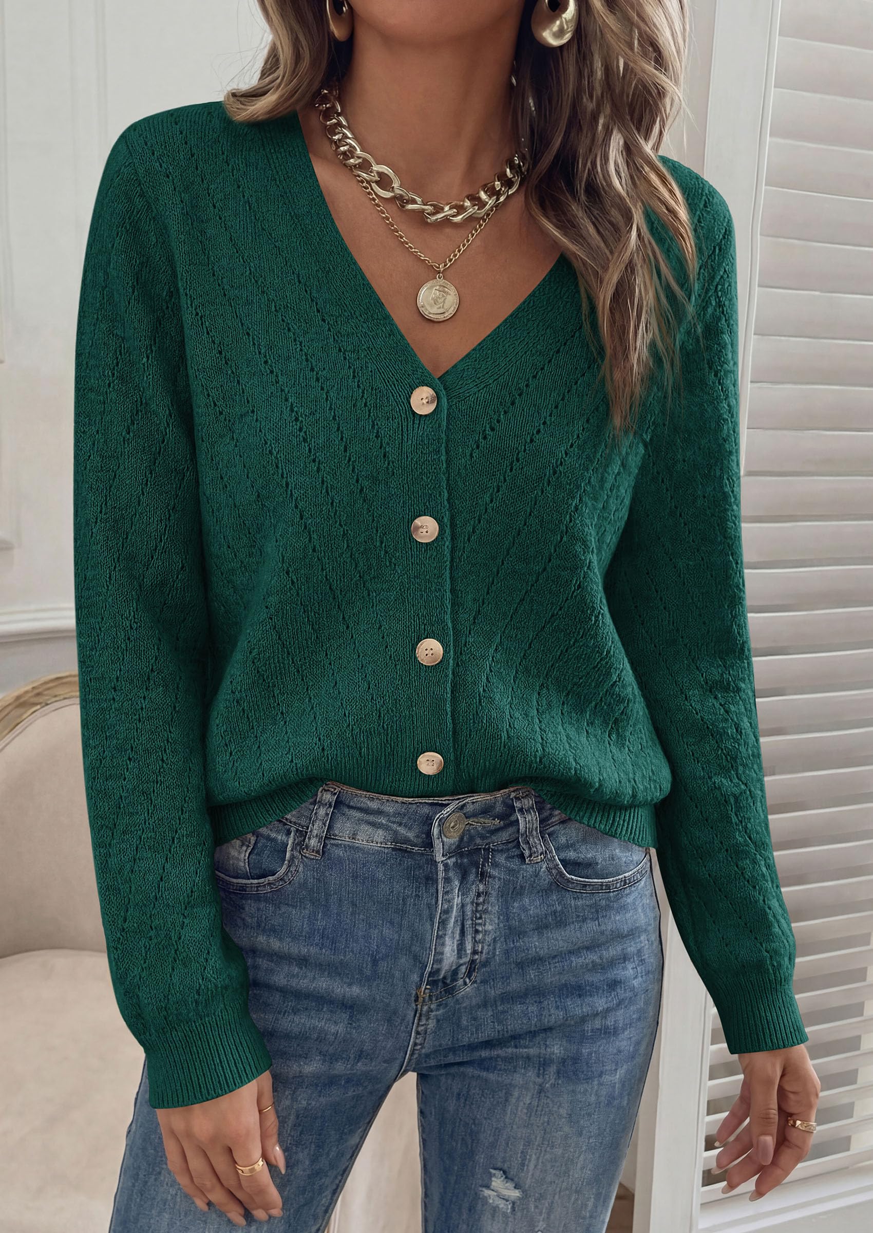 Women's Cozy Cardigan Sweater with Button (Dark Green,S)