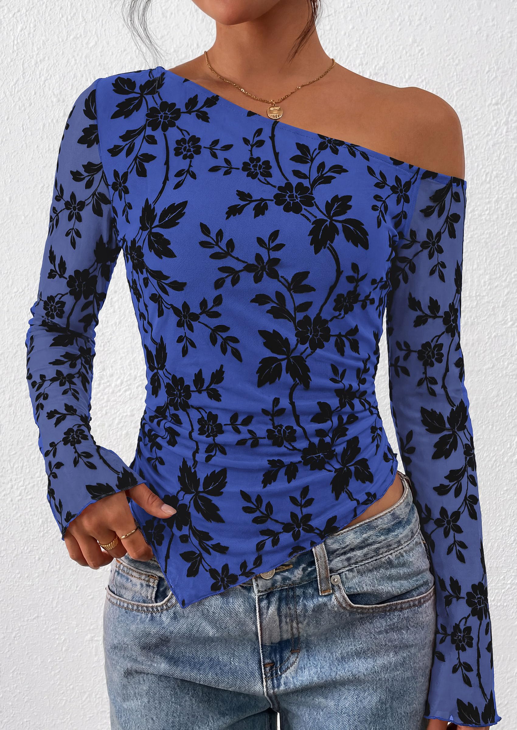 Womens Off Shoulder Mesh Y2k Tops,Royal Blue,XS
