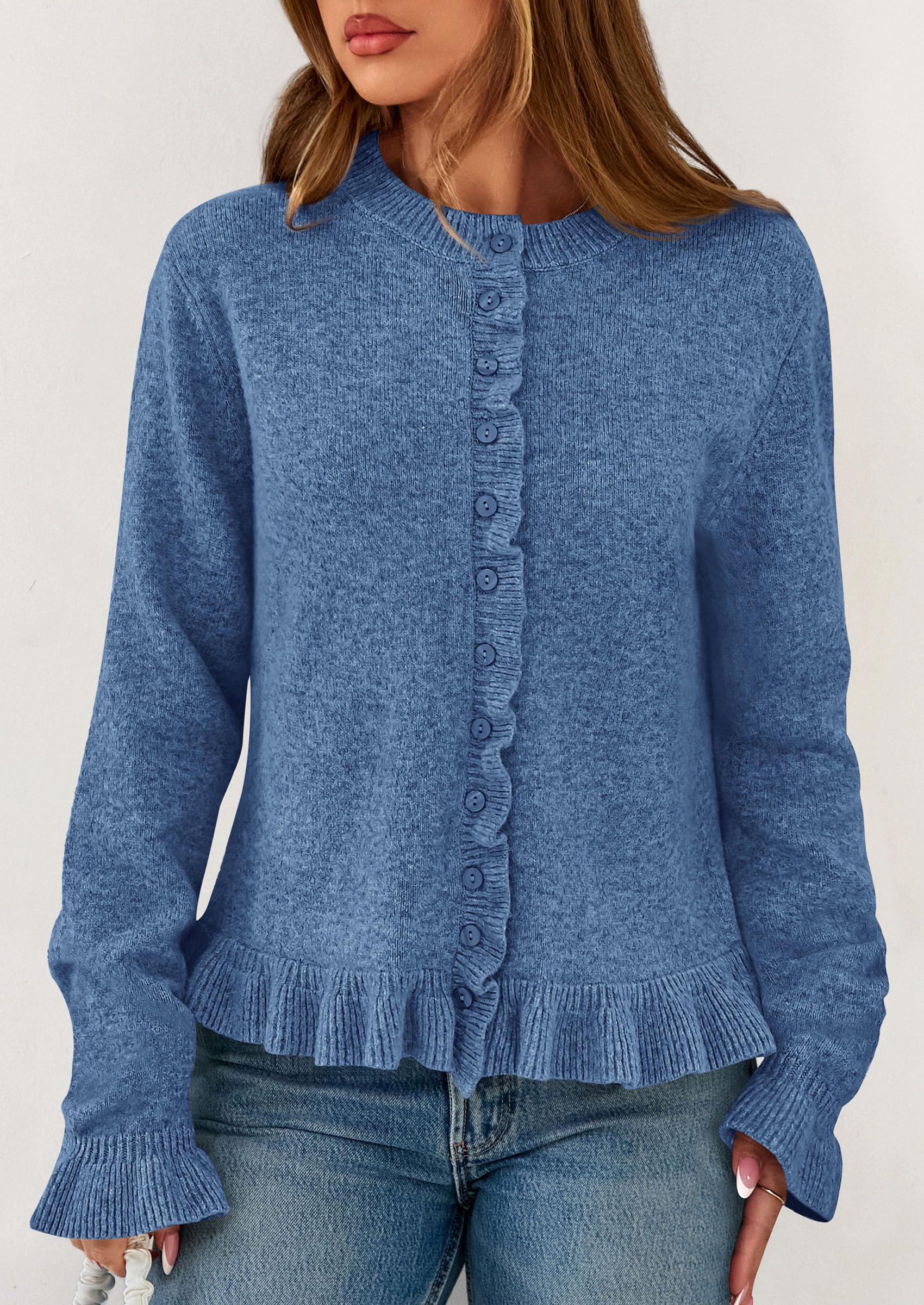 Womens Ruffle Button Down Cardigan Sweaters,Grey Blue,S