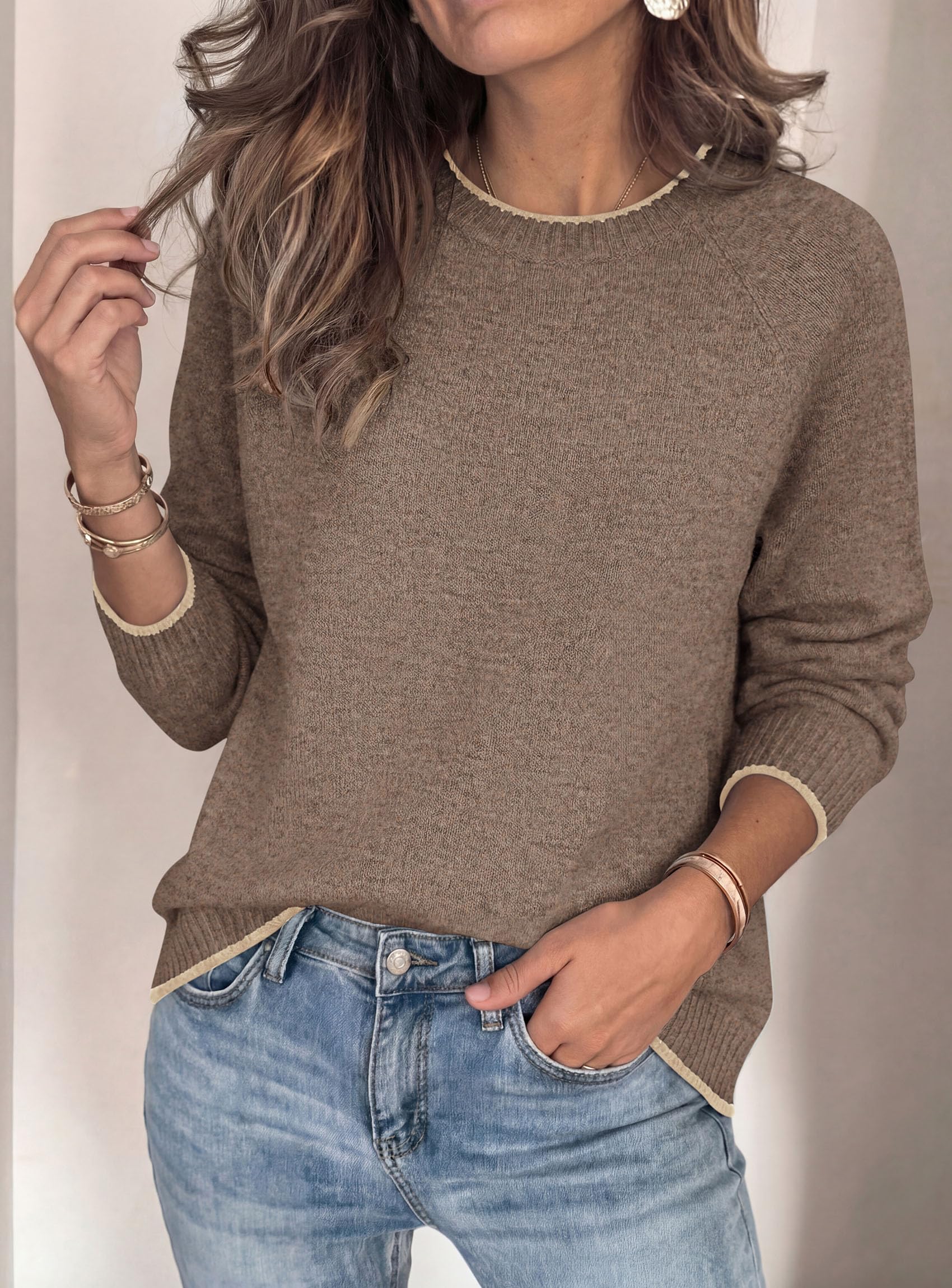 Womens Crewneck Fall Sweaters Pullover Tops,Brown,L