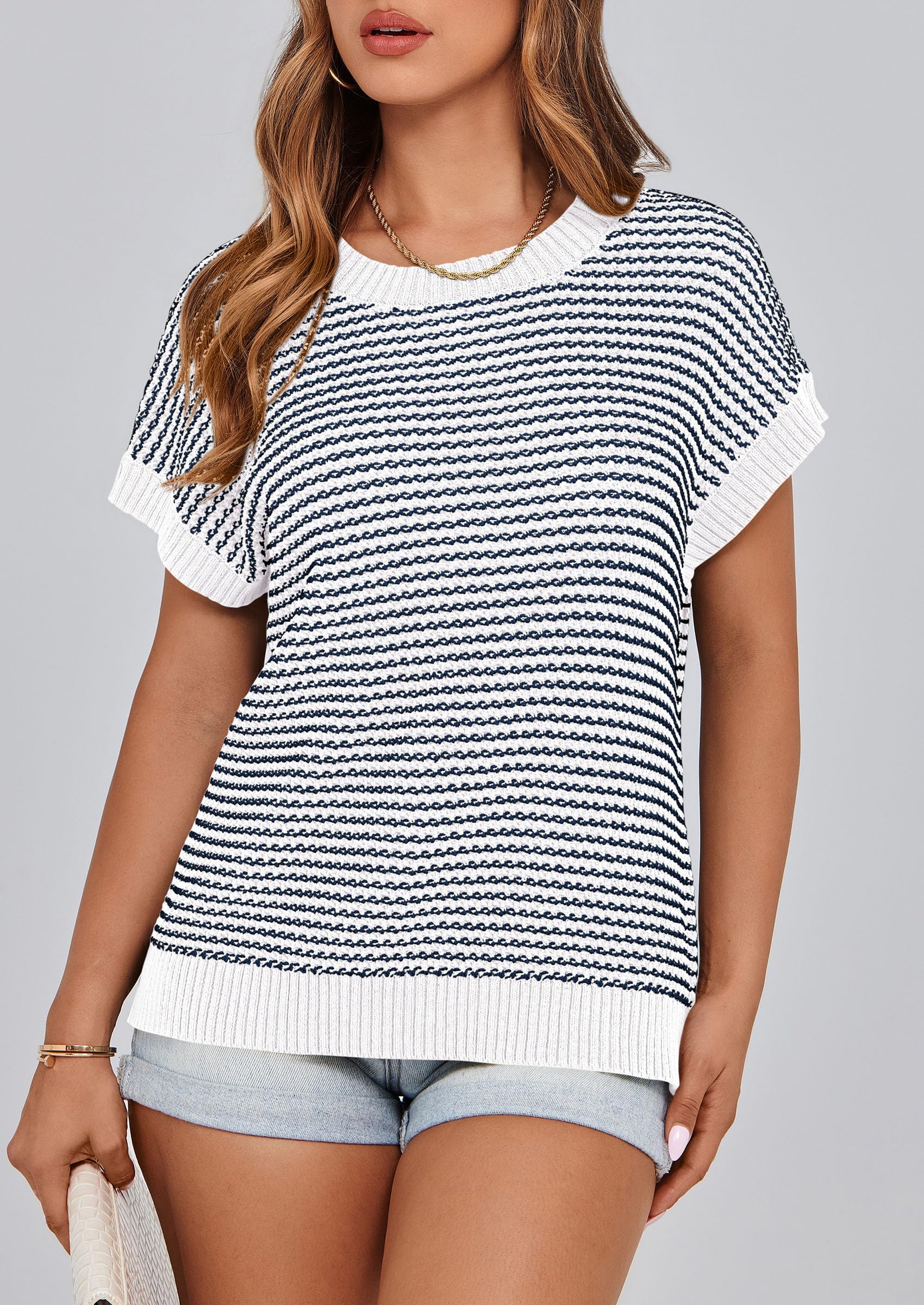 Women's Striped Short Sleeve Sweater Vest Striped White Navy,S