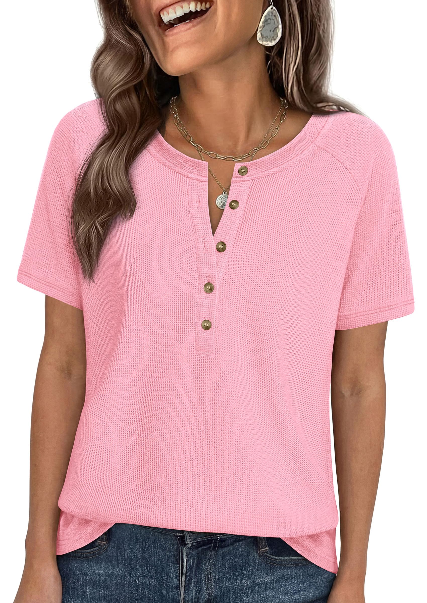Women's Short Sleeve Waffle Knit Henley Shirts, Light Pink,S