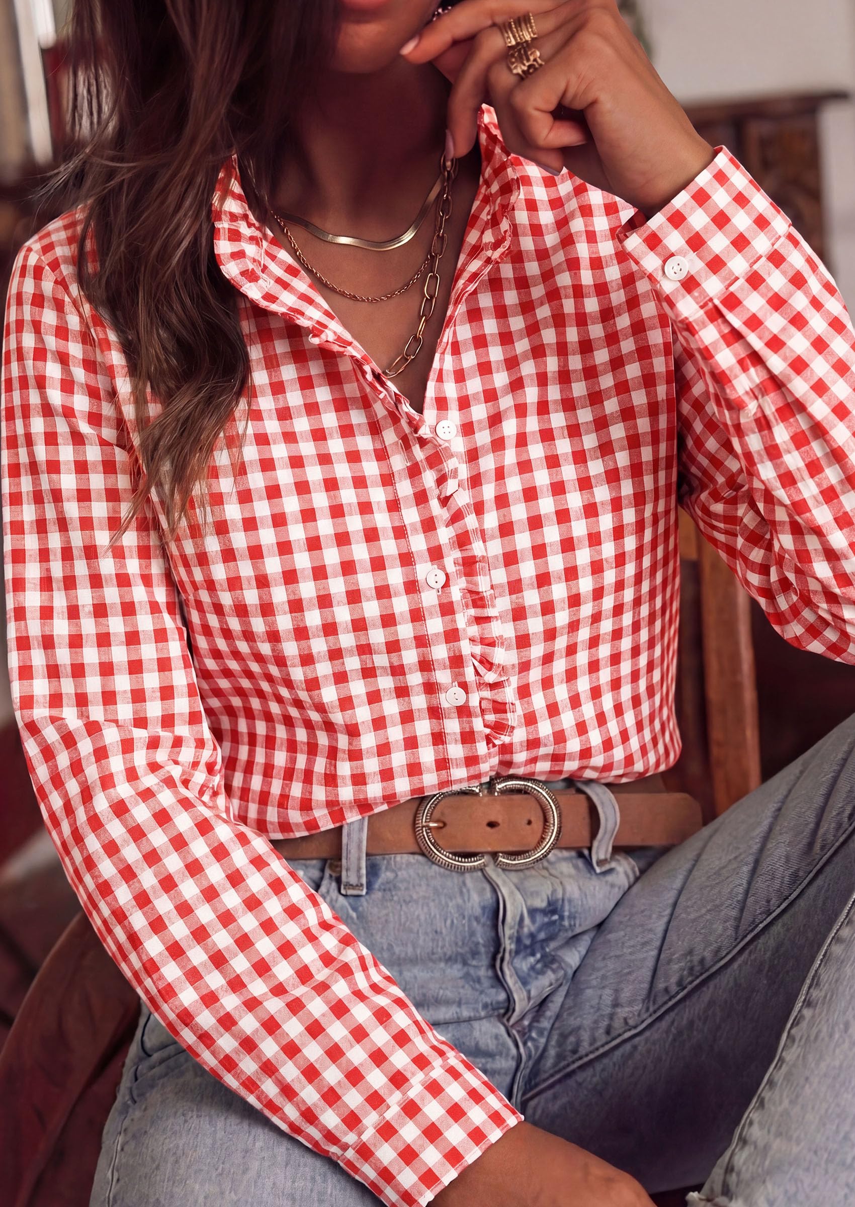 Womens Long Sleeve Button Down Shirts,Brilliant Red White,S